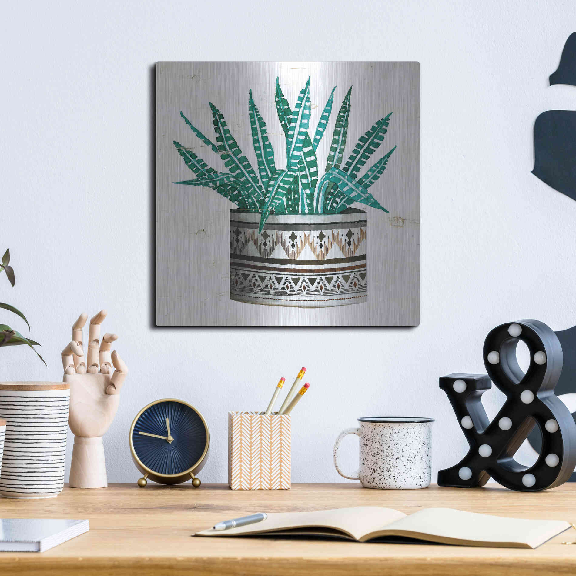 Luxe Metal Art 'Mud Cloth Succulent II' by Cindy Jacobs, Metal Wall Art,12x12
