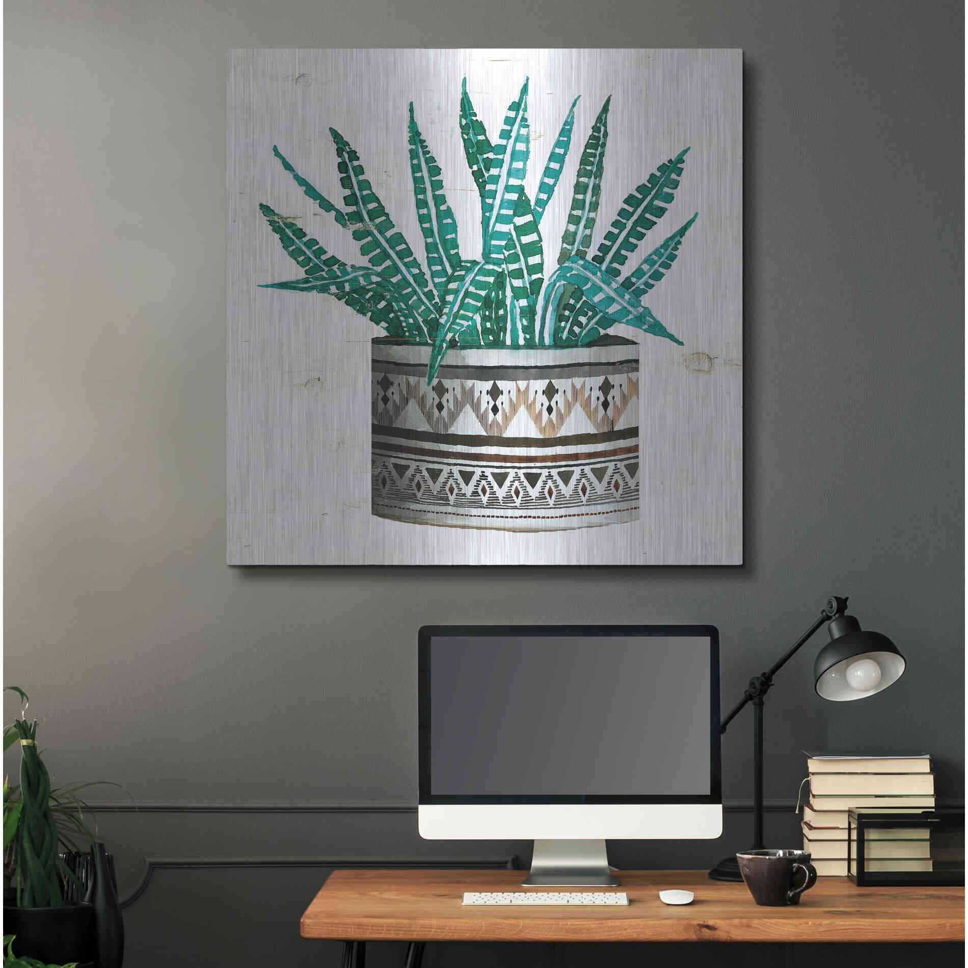 Luxe Metal Art 'Mud Cloth Succulent II' by Cindy Jacobs, Metal Wall Art,36x36