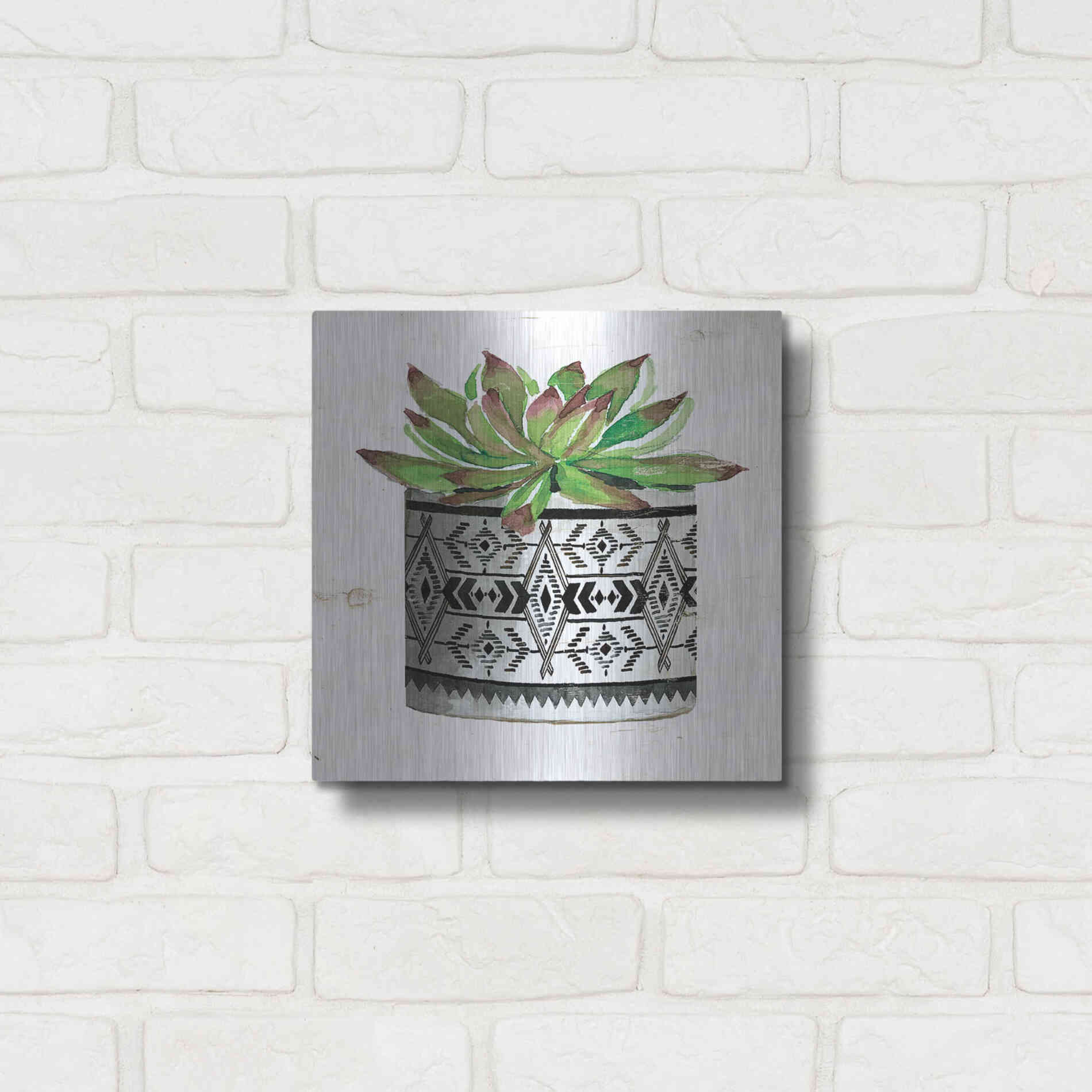 Luxe Metal Art 'Mud Cloth Succulent III' by Cindy Jacobs, Metal Wall Art,12x12