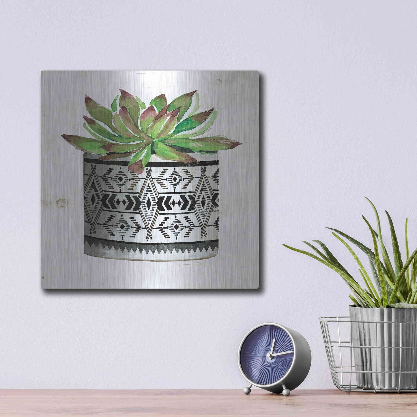 Luxe Metal Art 'Mud Cloth Succulent III' by Cindy Jacobs, Metal Wall Art,12x12