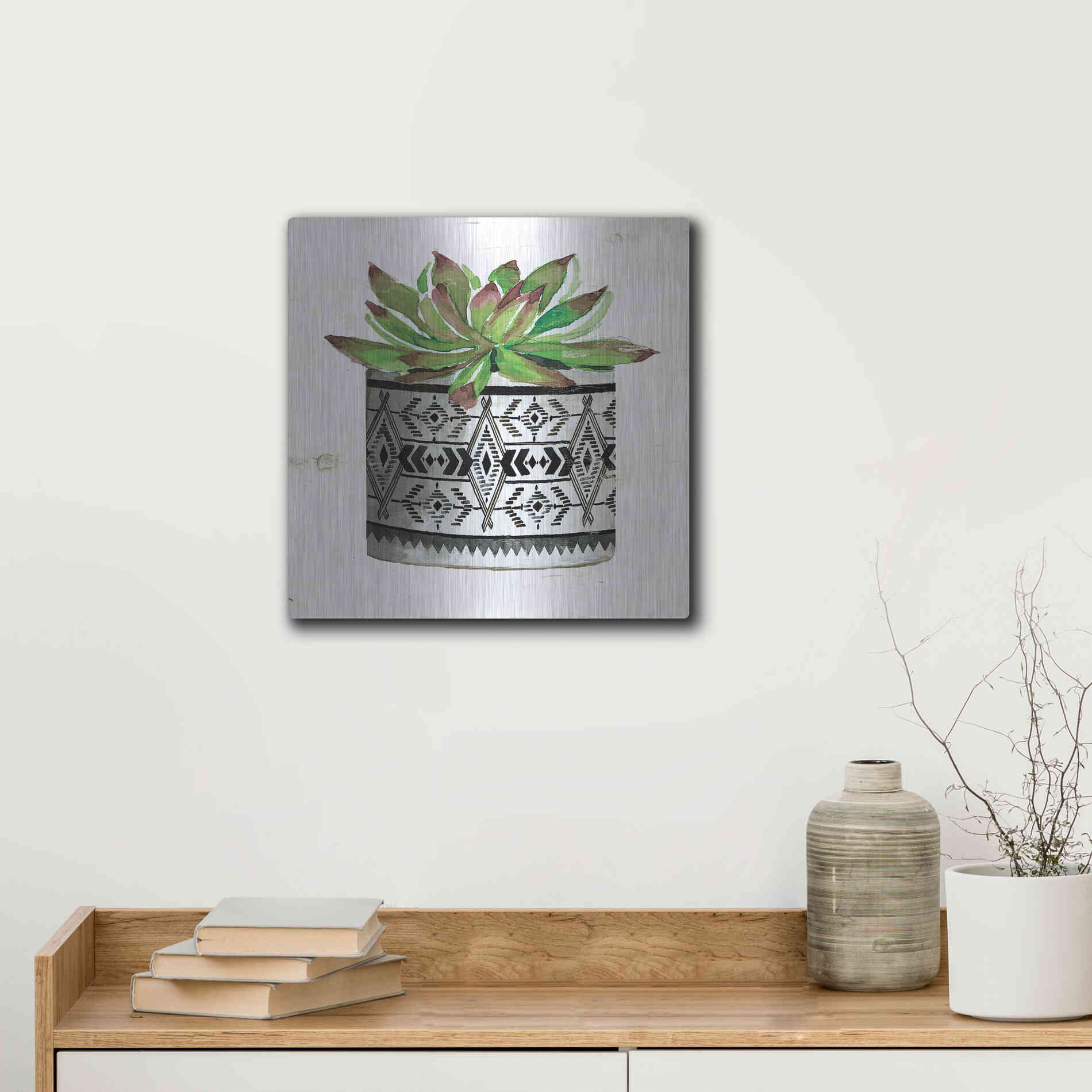 Luxe Metal Art 'Mud Cloth Succulent III' by Cindy Jacobs, Metal Wall Art,12x12