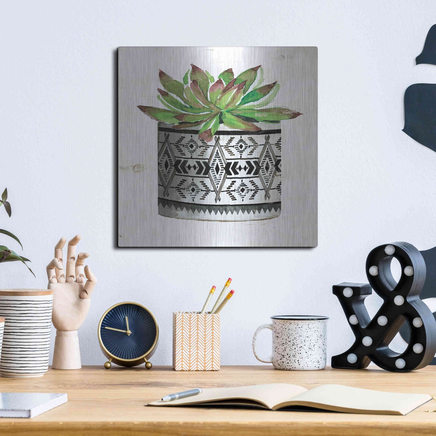 Luxe Metal Art 'Mud Cloth Succulent III' by Cindy Jacobs, Metal Wall Art,12x12