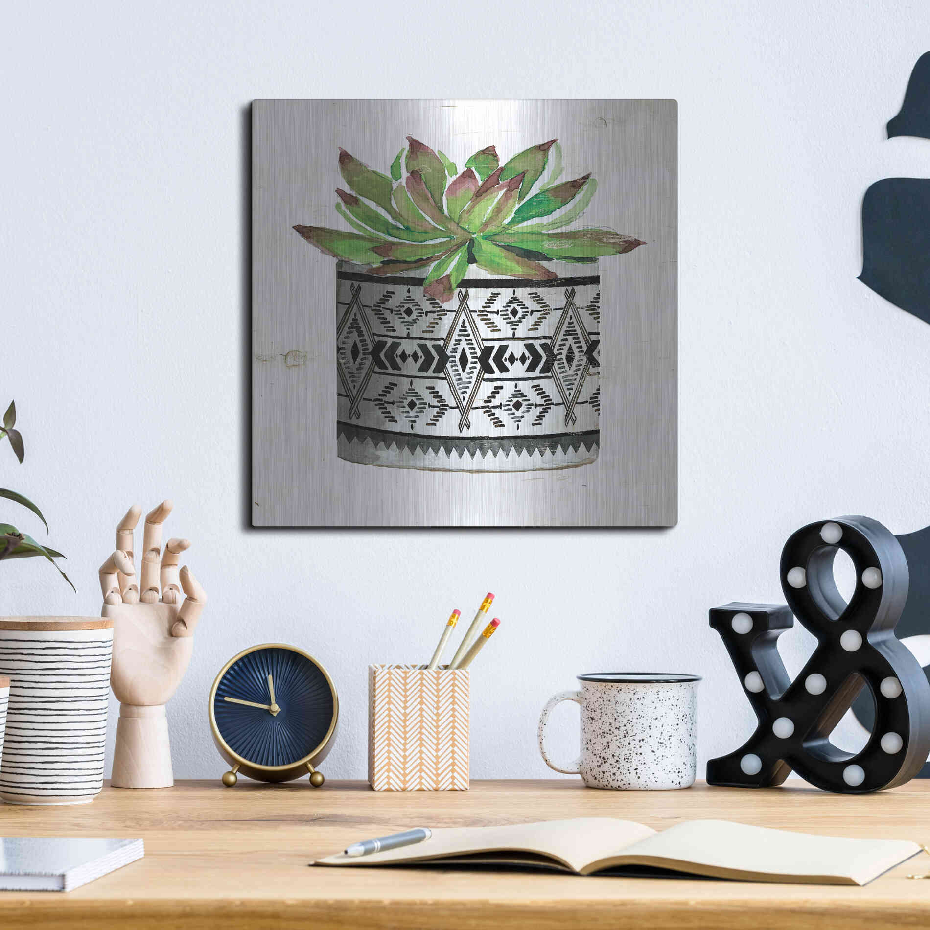 Luxe Metal Art 'Mud Cloth Succulent III' by Cindy Jacobs, Metal Wall Art,12x12