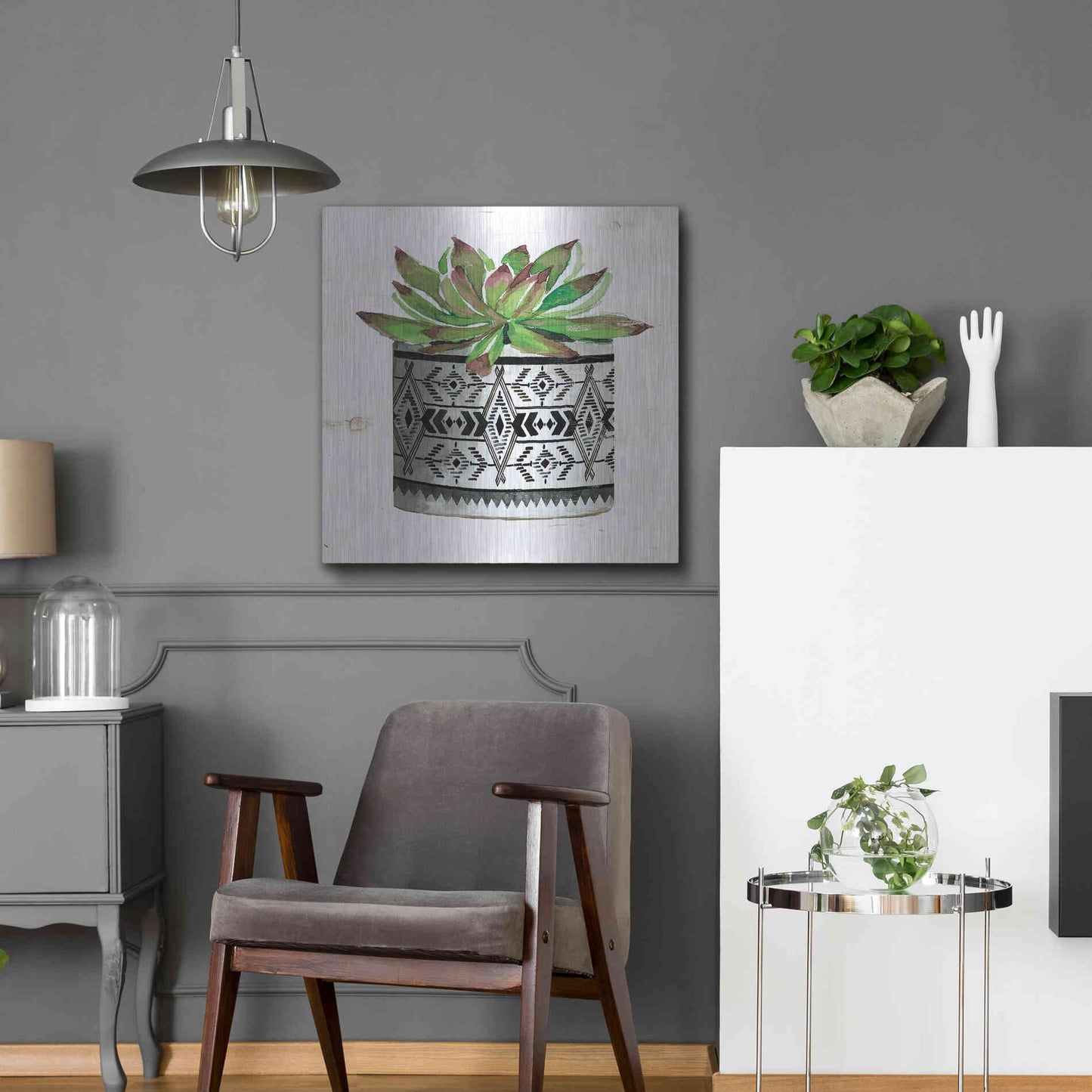 Luxe Metal Art 'Mud Cloth Succulent III' by Cindy Jacobs, Metal Wall Art,24x24