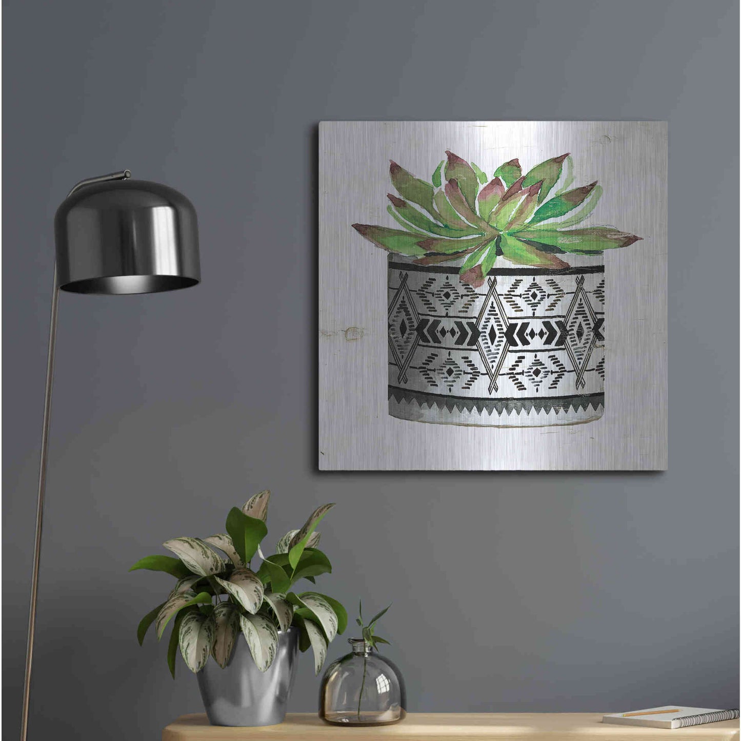 Luxe Metal Art 'Mud Cloth Succulent III' by Cindy Jacobs, Metal Wall Art,24x24