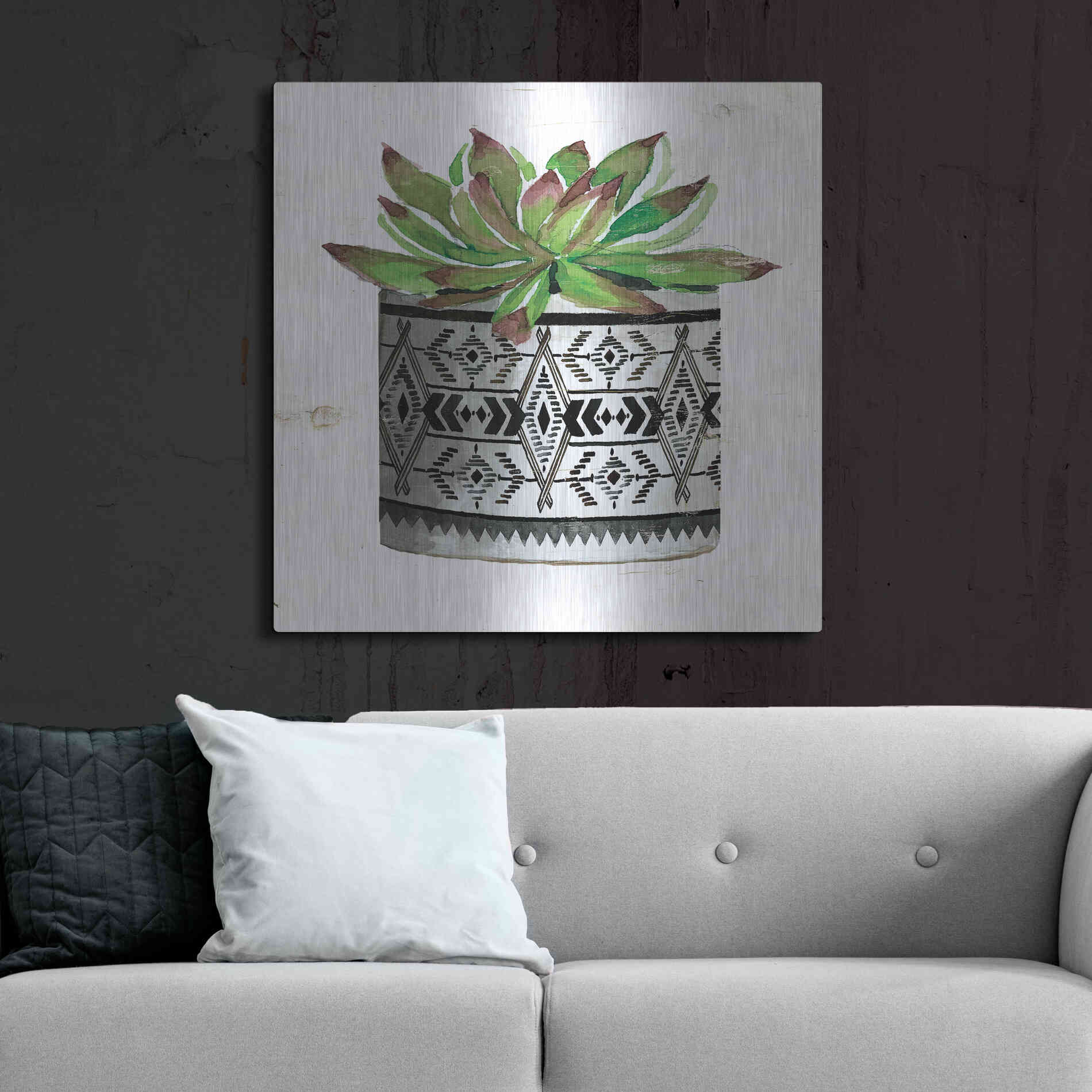 Luxe Metal Art 'Mud Cloth Succulent III' by Cindy Jacobs, Metal Wall Art,36x36