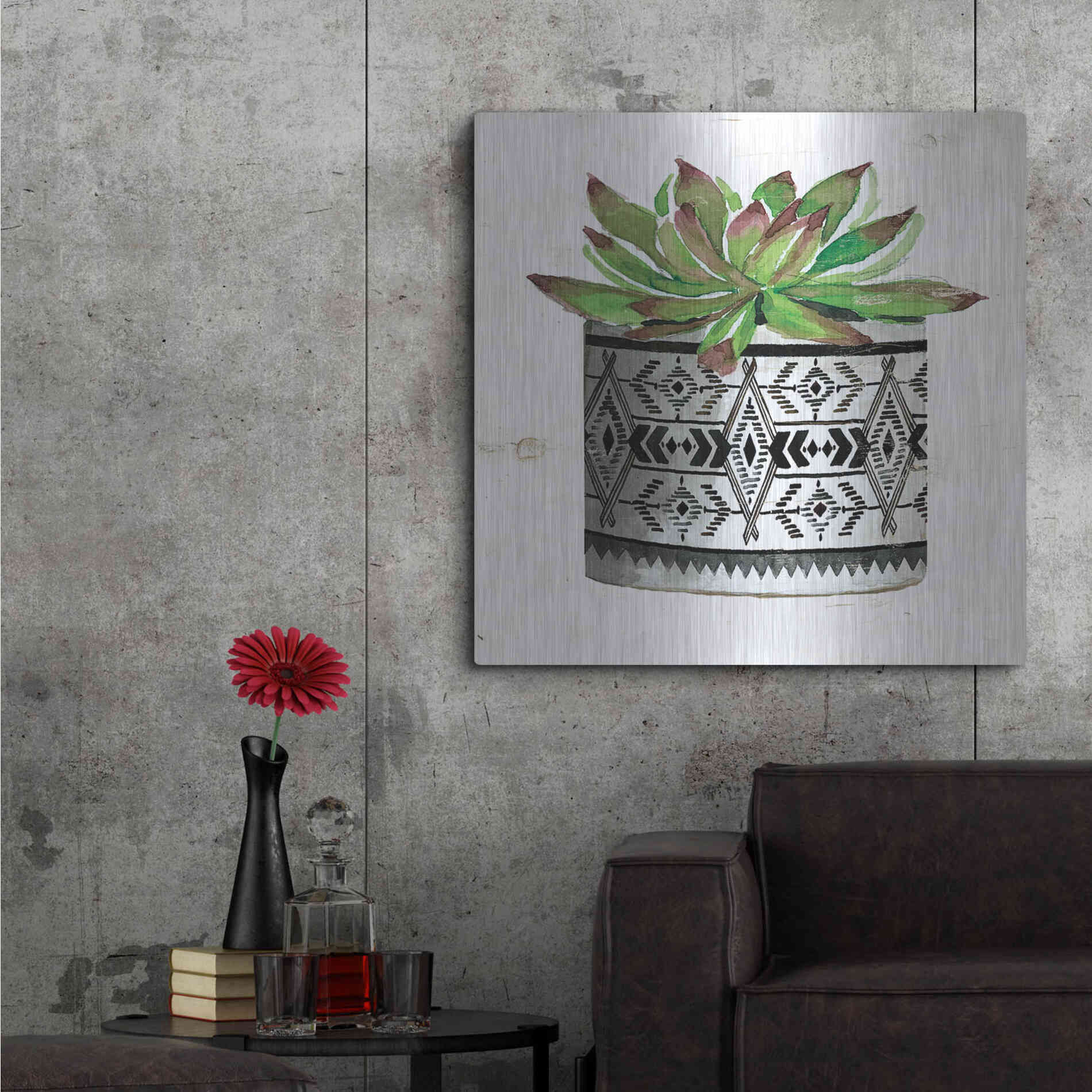 Luxe Metal Art 'Mud Cloth Succulent III' by Cindy Jacobs, Metal Wall Art,36x36