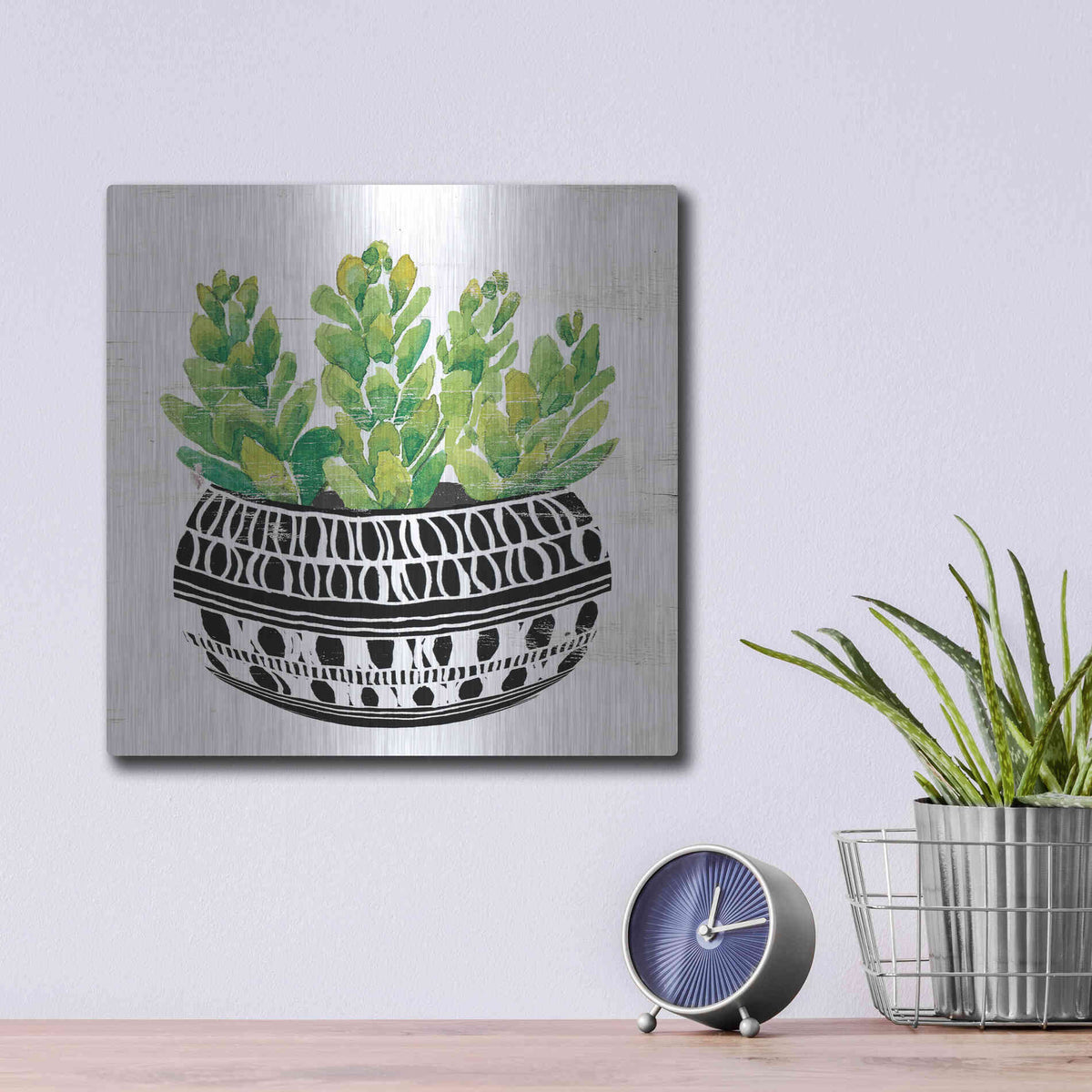 Luxe Metal Art 'Mud Cloth Succulent IV' by Cindy Jacobs, Metal Wall Art,12x12