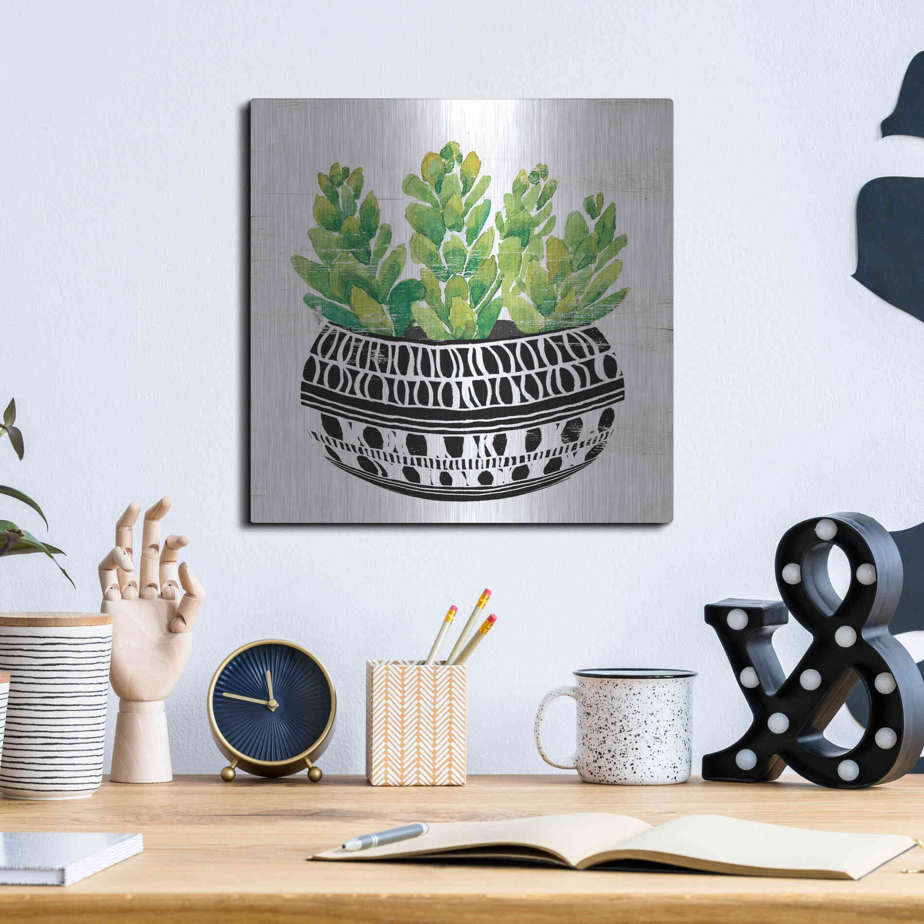 Luxe Metal Art 'Mud Cloth Succulent IV' by Cindy Jacobs, Metal Wall Art,12x12