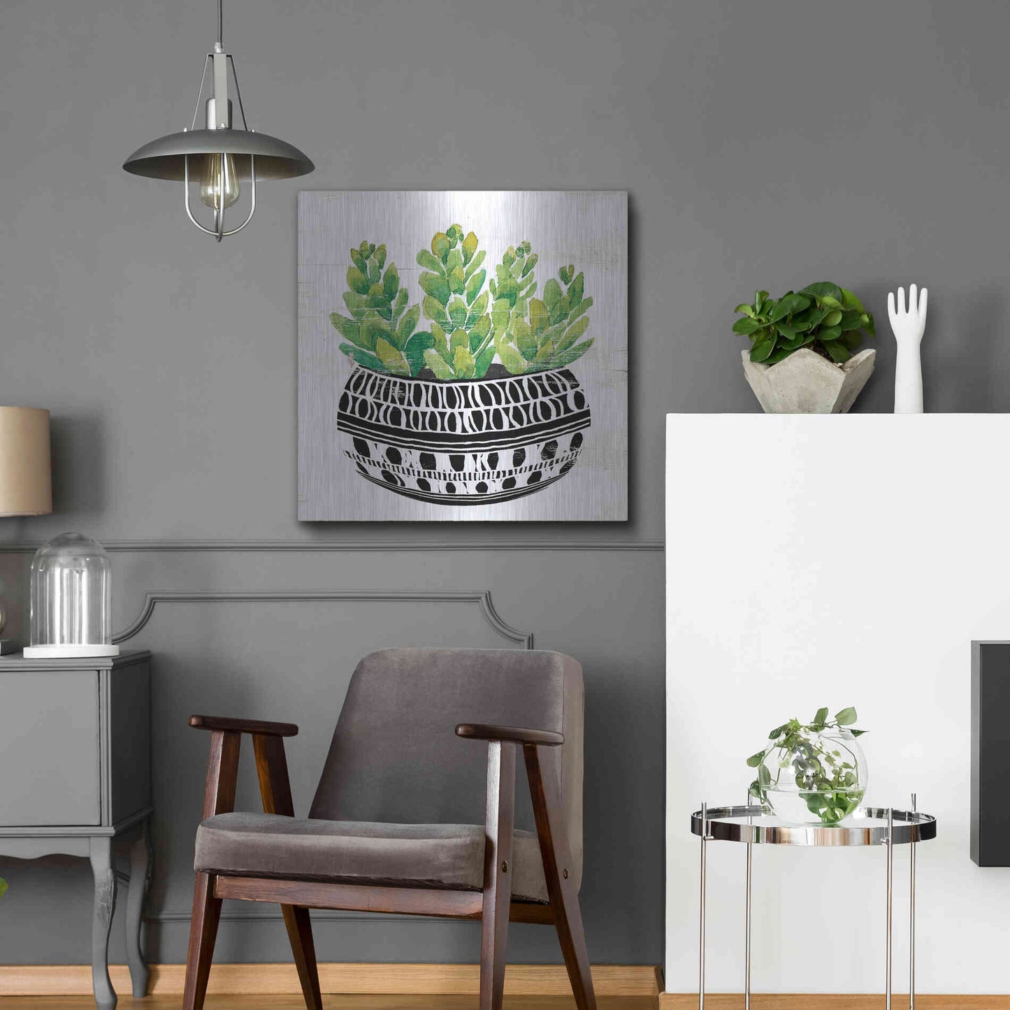 Luxe Metal Art 'Mud Cloth Succulent IV' by Cindy Jacobs, Metal Wall Art,24x24