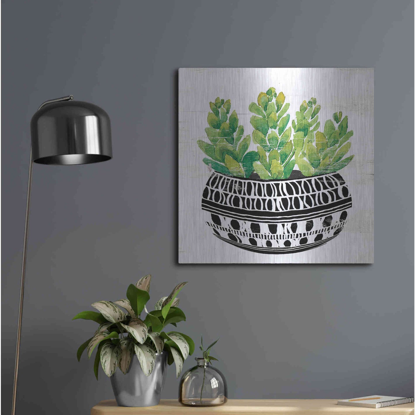 Luxe Metal Art 'Mud Cloth Succulent IV' by Cindy Jacobs, Metal Wall Art,24x24