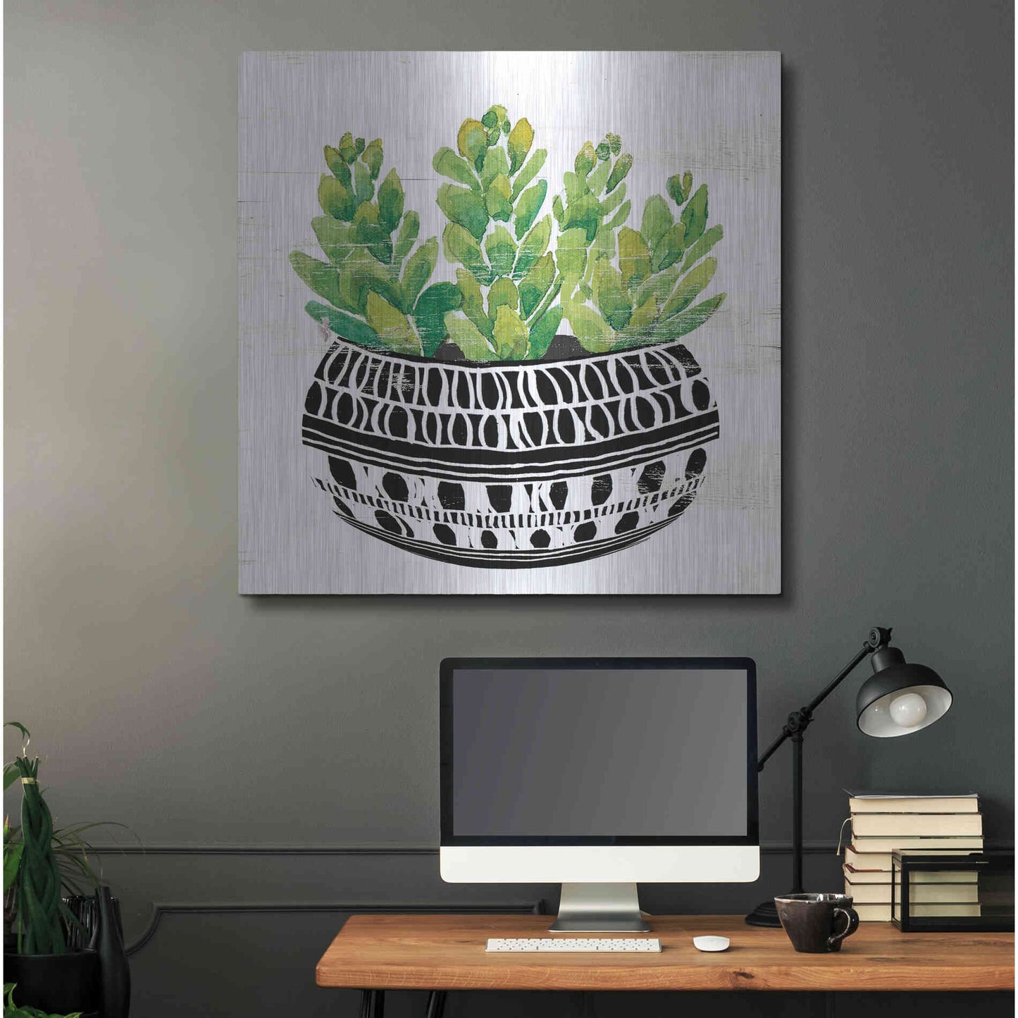 Luxe Metal Art 'Mud Cloth Succulent IV' by Cindy Jacobs, Metal Wall Art,36x36