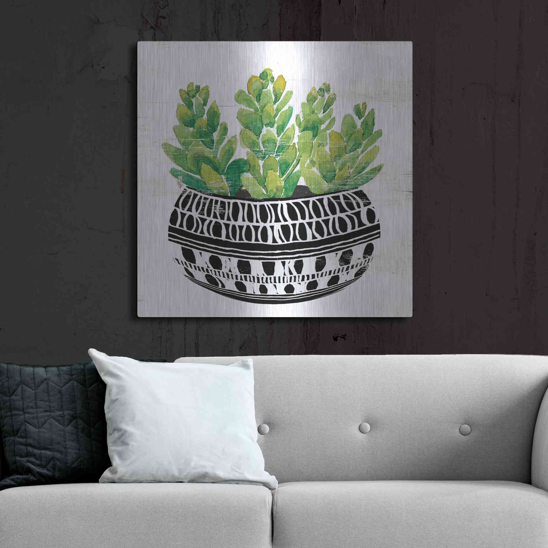 Luxe Metal Art 'Mud Cloth Succulent IV' by Cindy Jacobs, Metal Wall Art,36x36