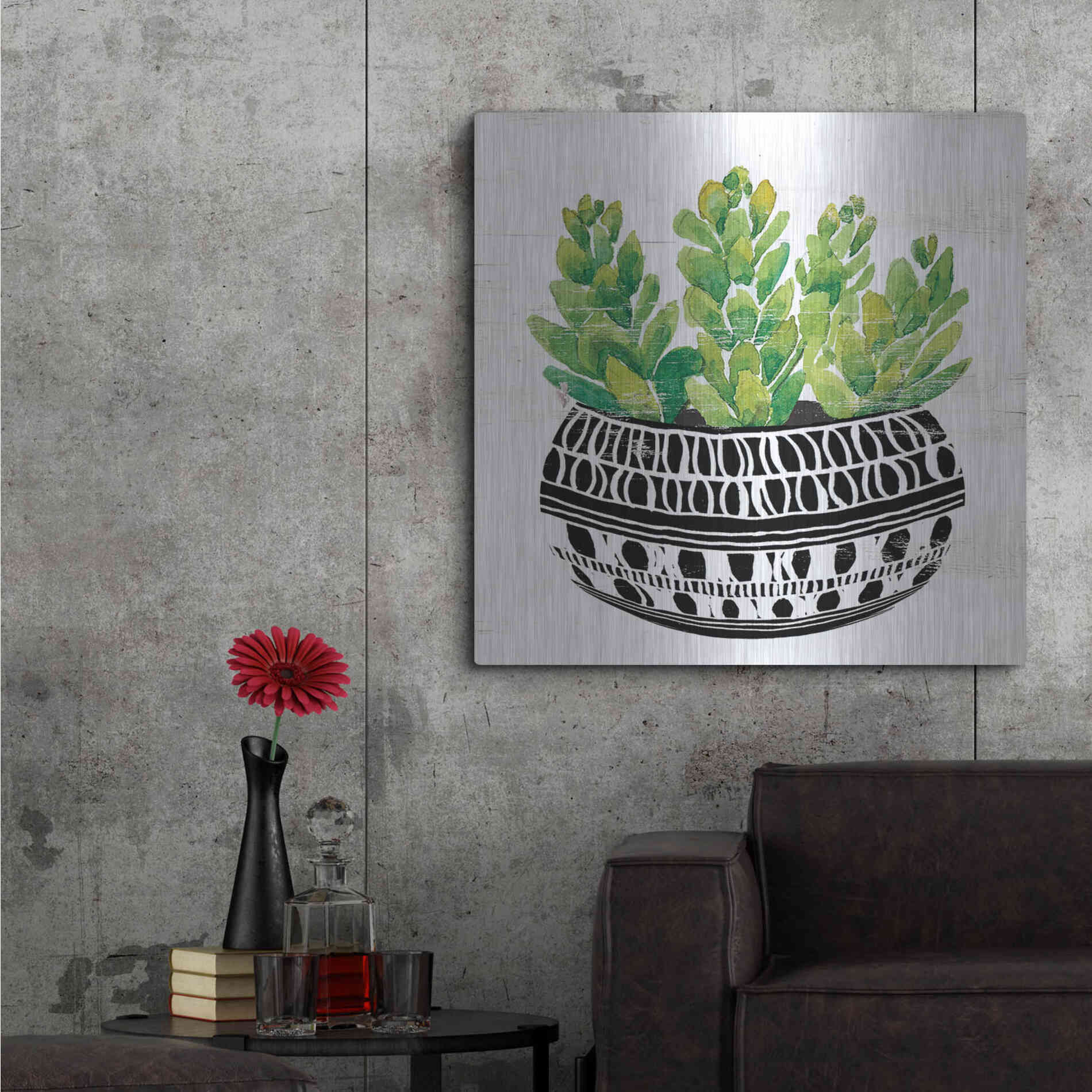 Luxe Metal Art 'Mud Cloth Succulent IV' by Cindy Jacobs, Metal Wall Art,36x36