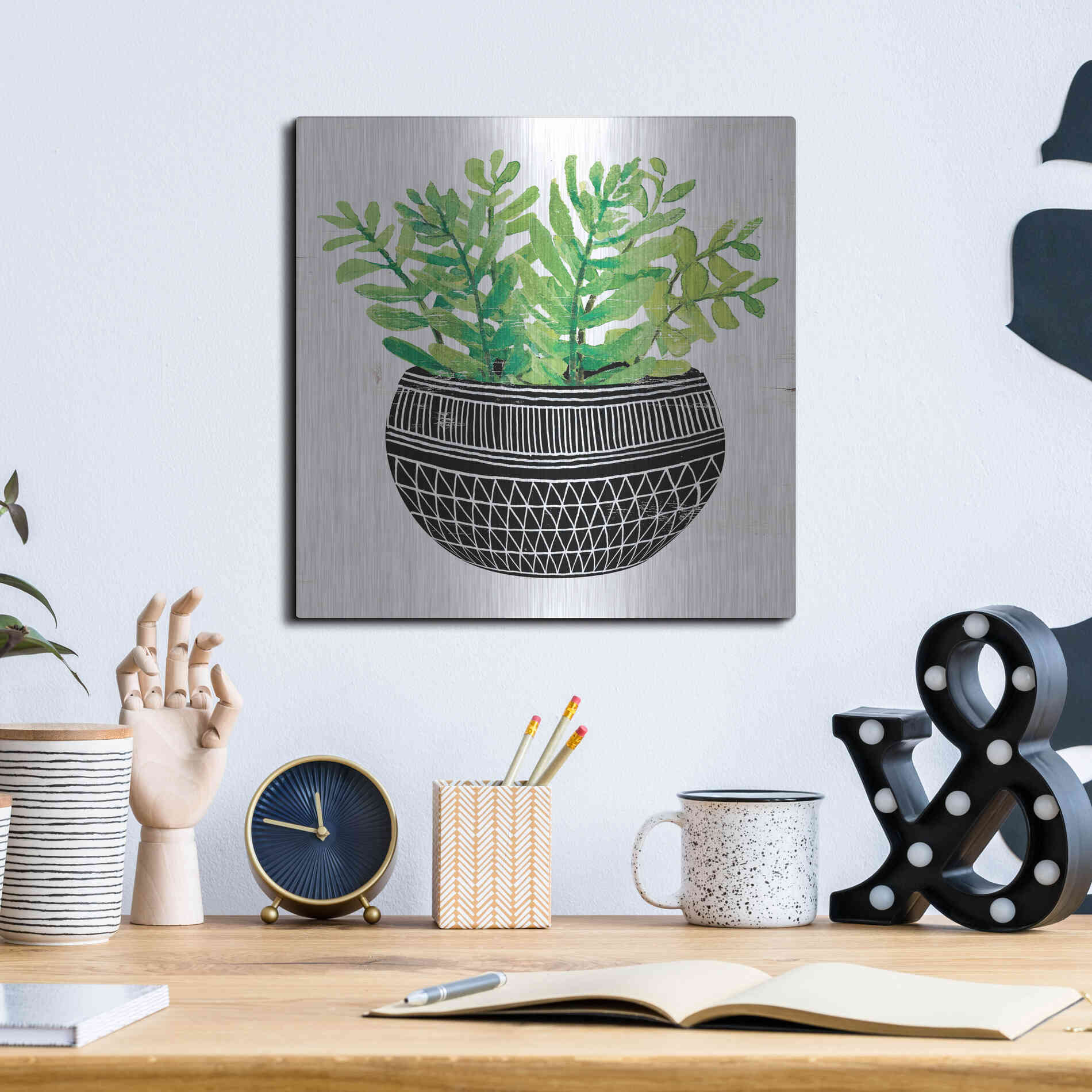 Luxe Metal Art 'Mud Cloth Succulent V' by Cindy Jacobs, Metal Wall Art,12x12