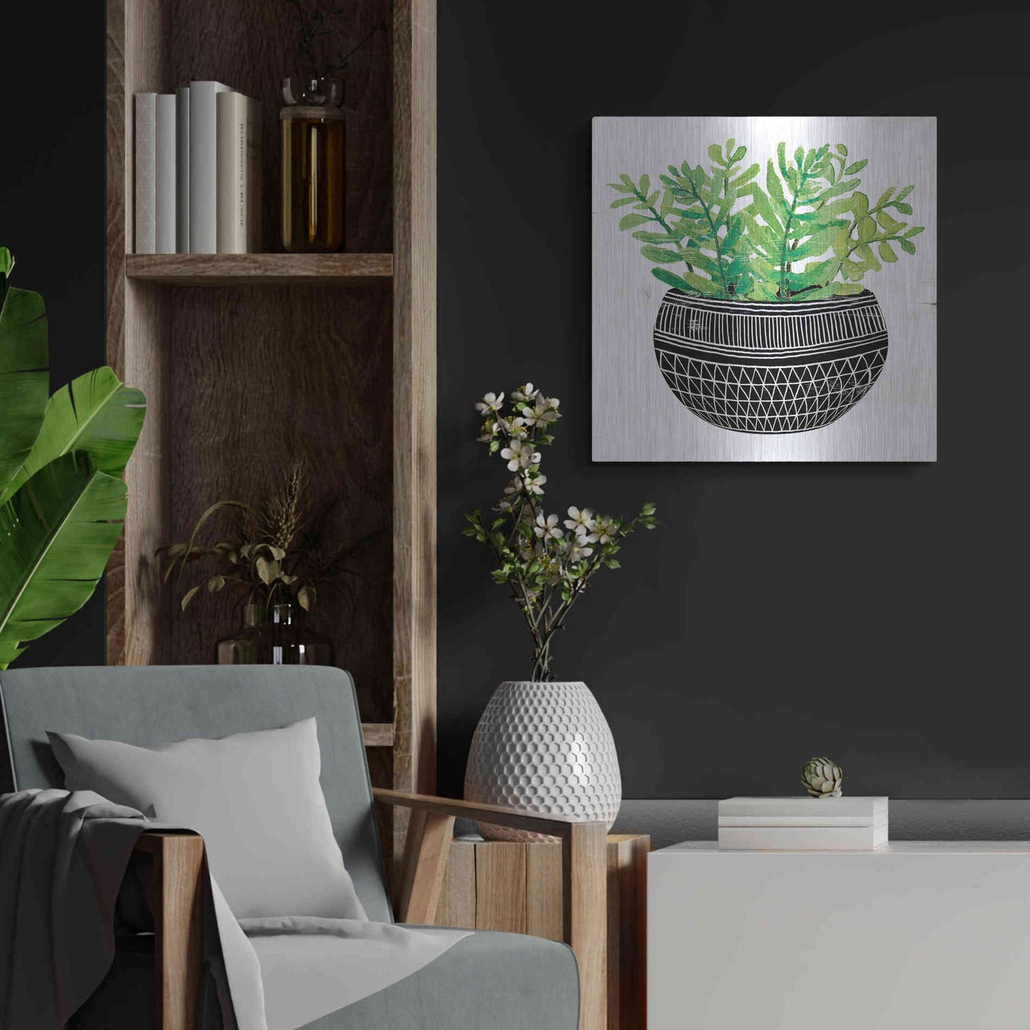 Luxe Metal Art 'Mud Cloth Succulent V' by Cindy Jacobs, Metal Wall Art,24x24