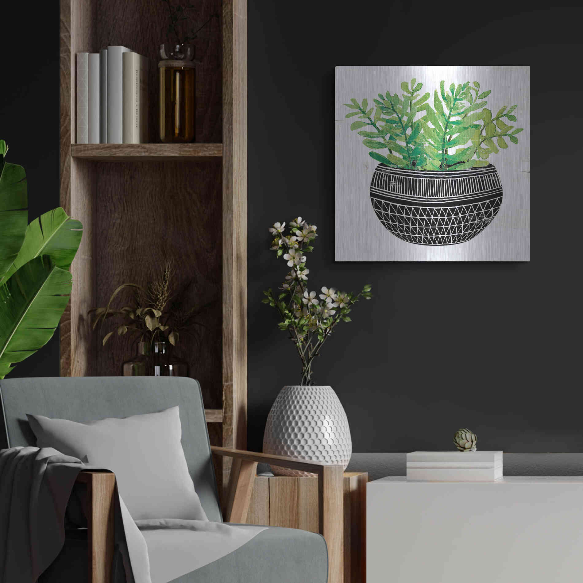 Luxe Metal Art 'Mud Cloth Succulent V' by Cindy Jacobs, Metal Wall Art,24x24