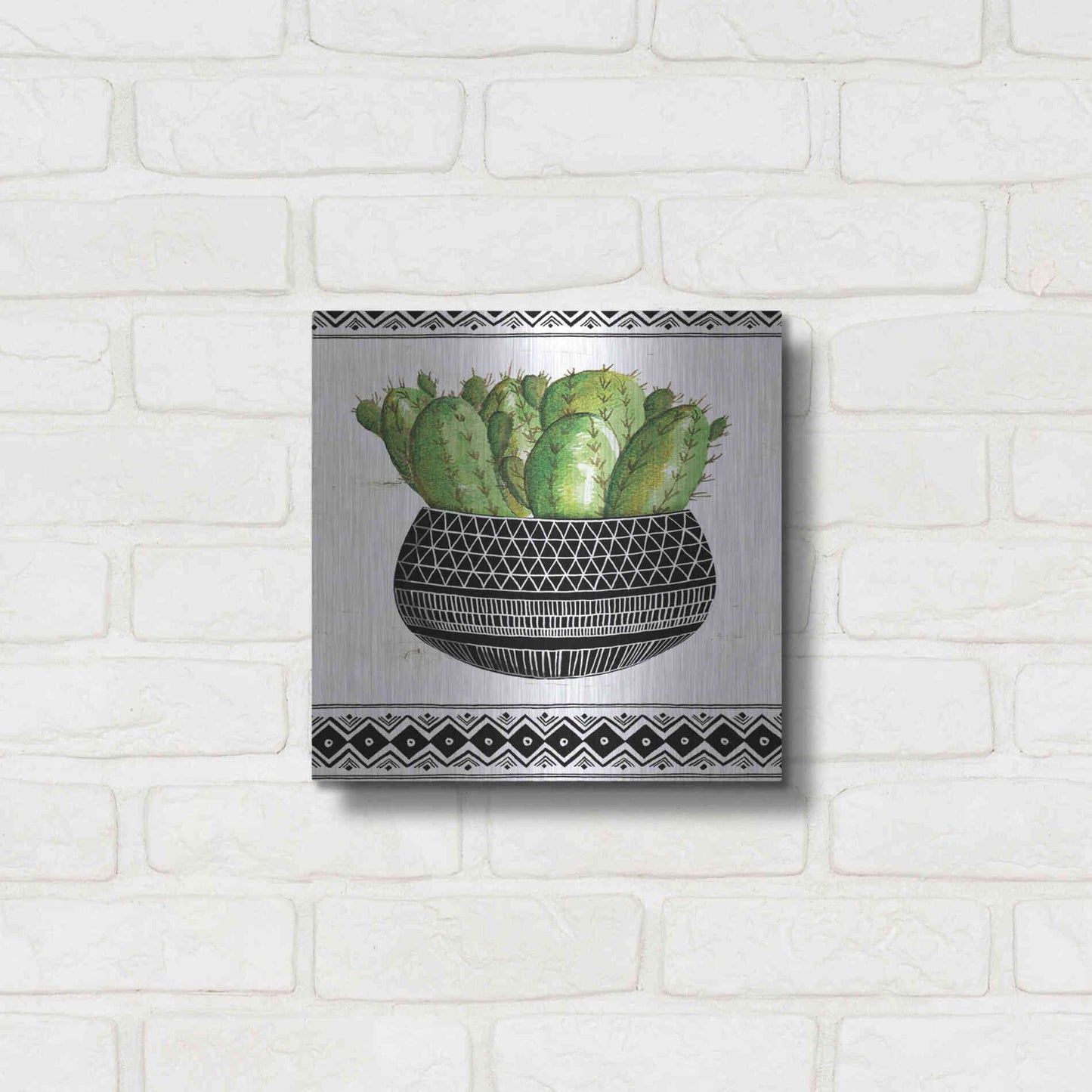 Luxe Metal Art 'Mud Cloth Black and White Succulent I' by Cindy Jacobs, Metal Wall Art,12x12