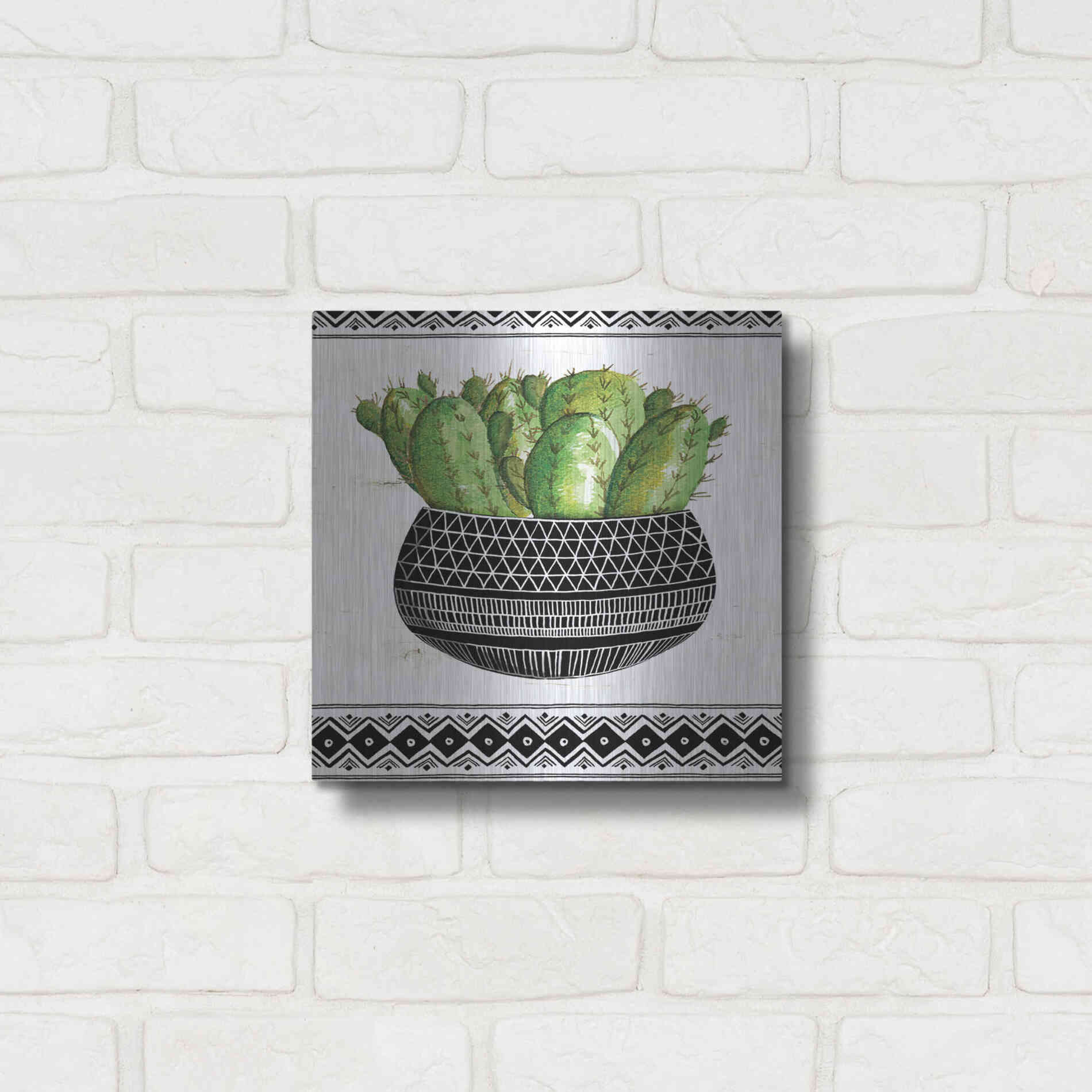 Luxe Metal Art 'Mud Cloth Black and White Succulent I' by Cindy Jacobs, Metal Wall Art,12x12