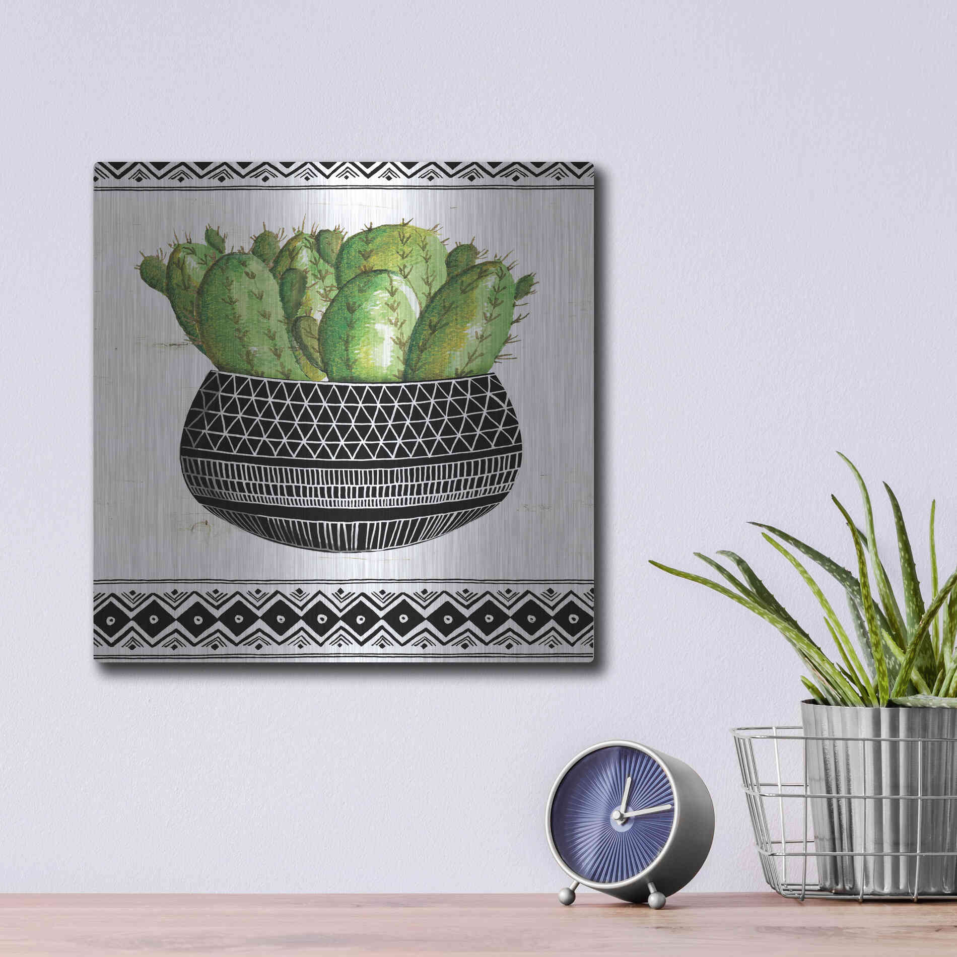 Luxe Metal Art 'Mud Cloth Black and White Succulent I' by Cindy Jacobs, Metal Wall Art,12x12