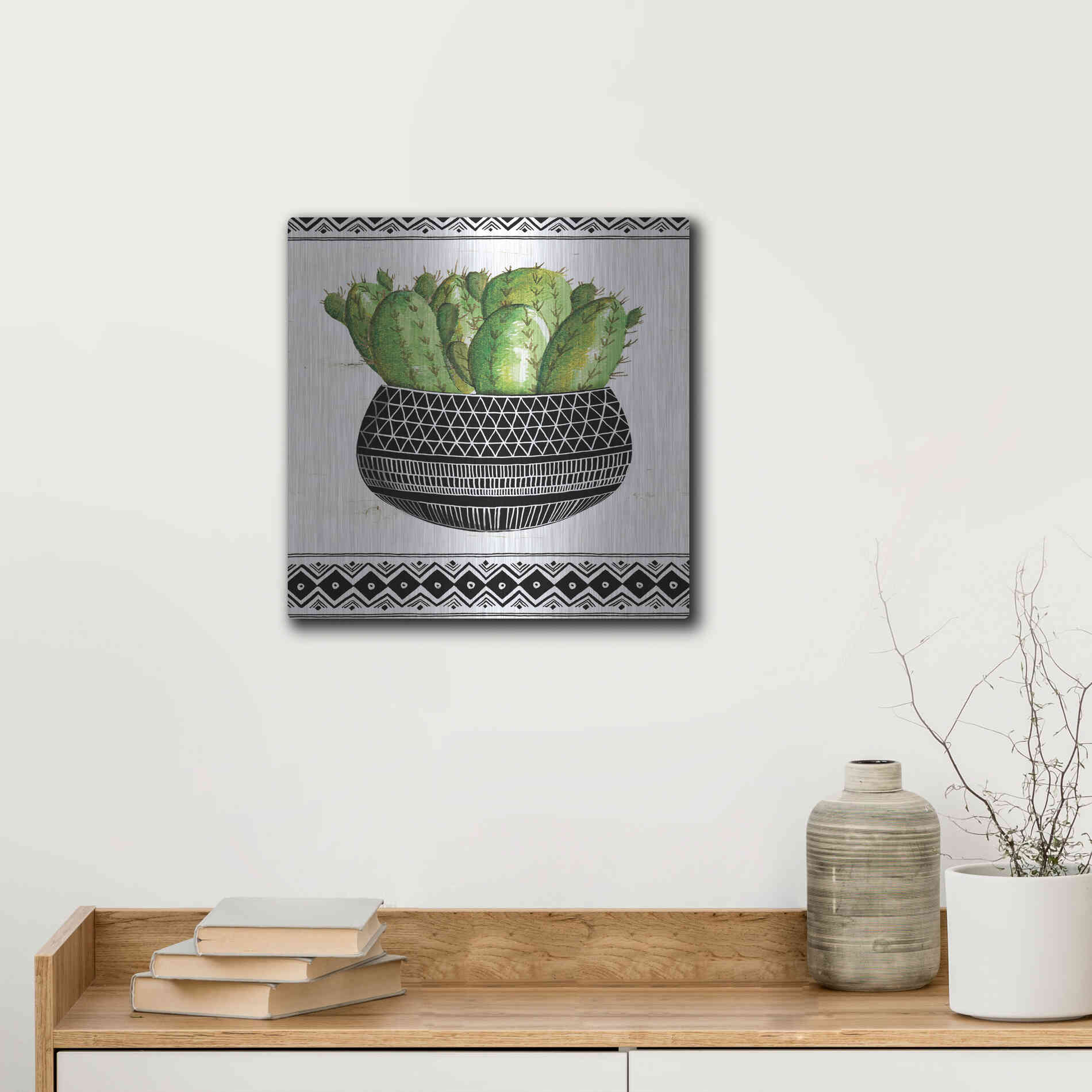 Luxe Metal Art 'Mud Cloth Black and White Succulent I' by Cindy Jacobs, Metal Wall Art,12x12