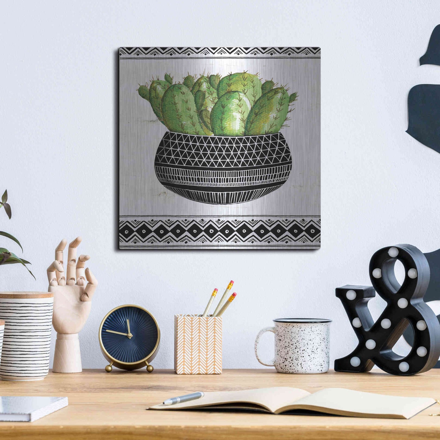 Luxe Metal Art 'Mud Cloth Black and White Succulent I' by Cindy Jacobs, Metal Wall Art,12x12
