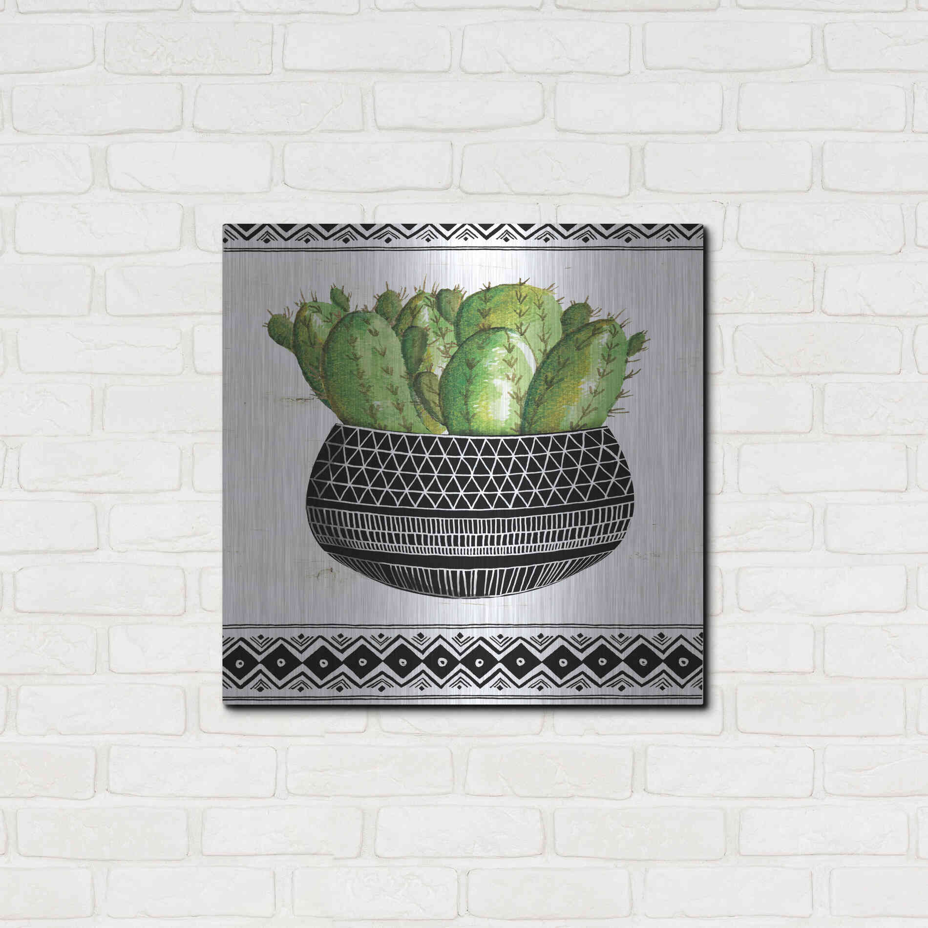 Luxe Metal Art 'Mud Cloth Black and White Succulent I' by Cindy Jacobs, Metal Wall Art,24x24