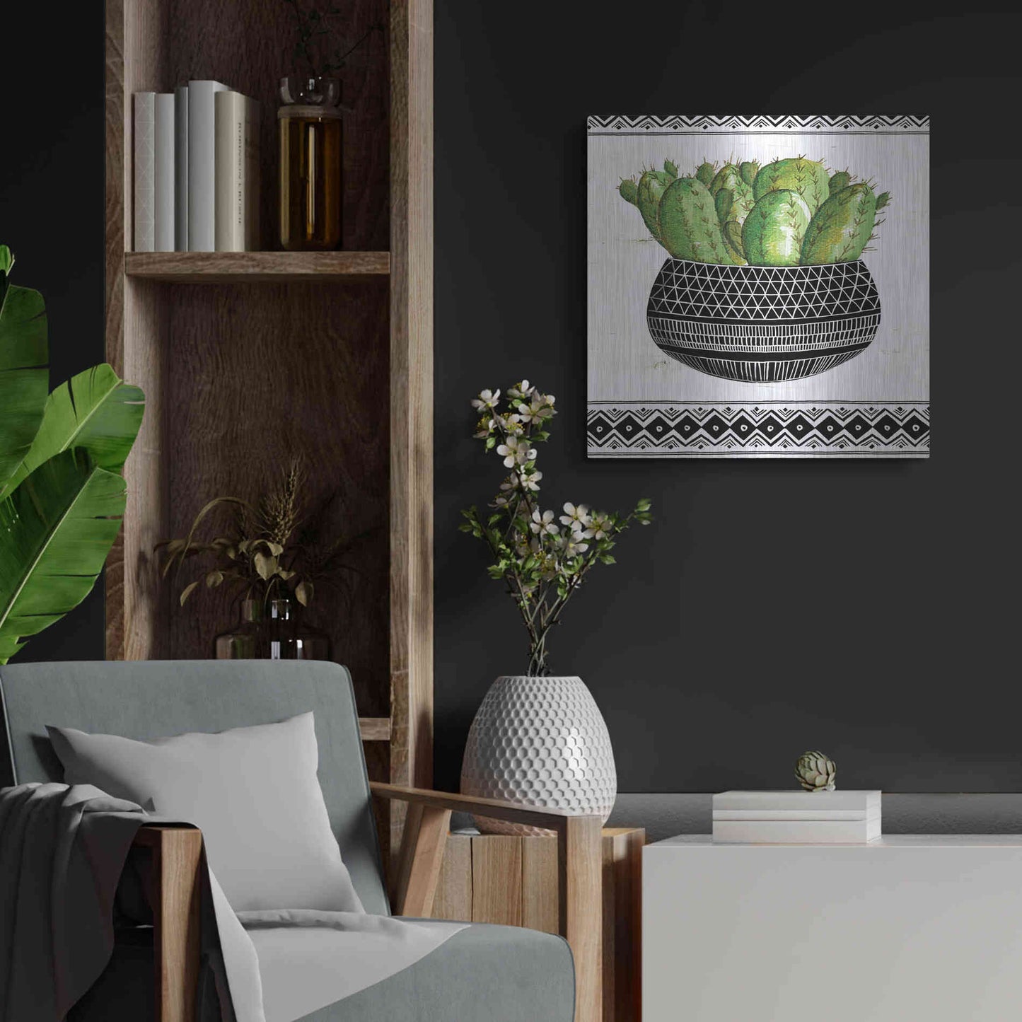 Luxe Metal Art 'Mud Cloth Black and White Succulent I' by Cindy Jacobs, Metal Wall Art,24x24