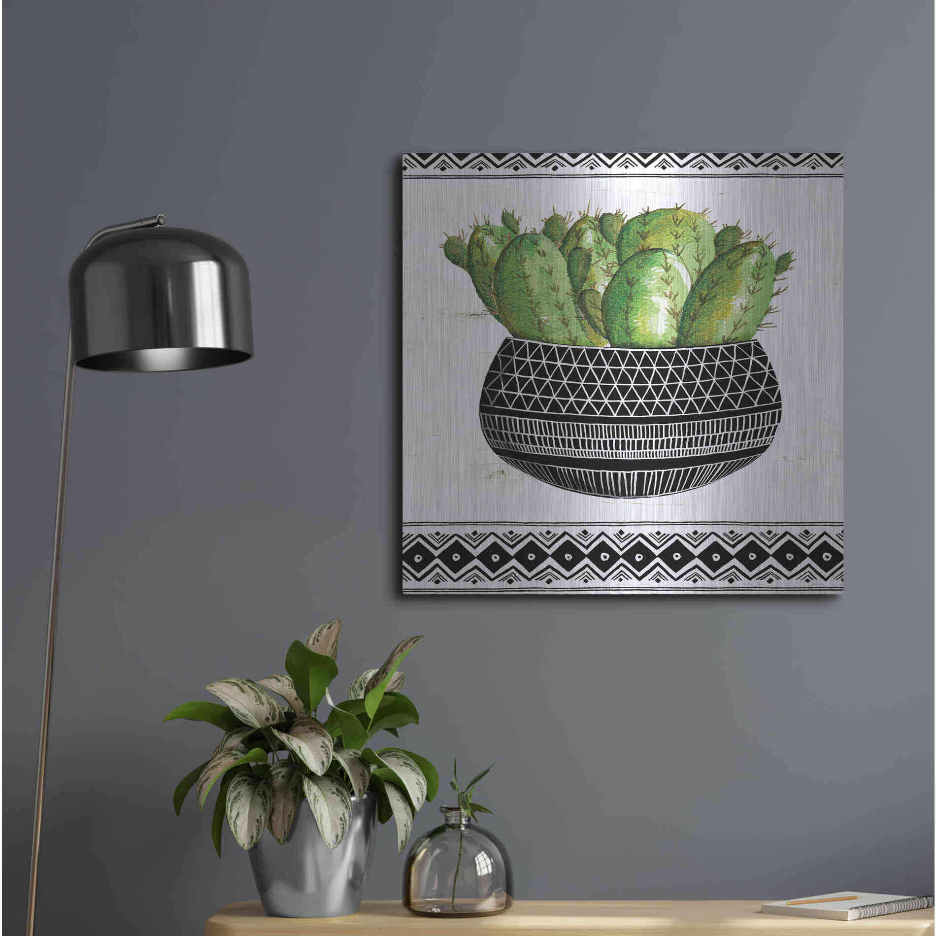 Luxe Metal Art 'Mud Cloth Black and White Succulent I' by Cindy Jacobs, Metal Wall Art,24x24