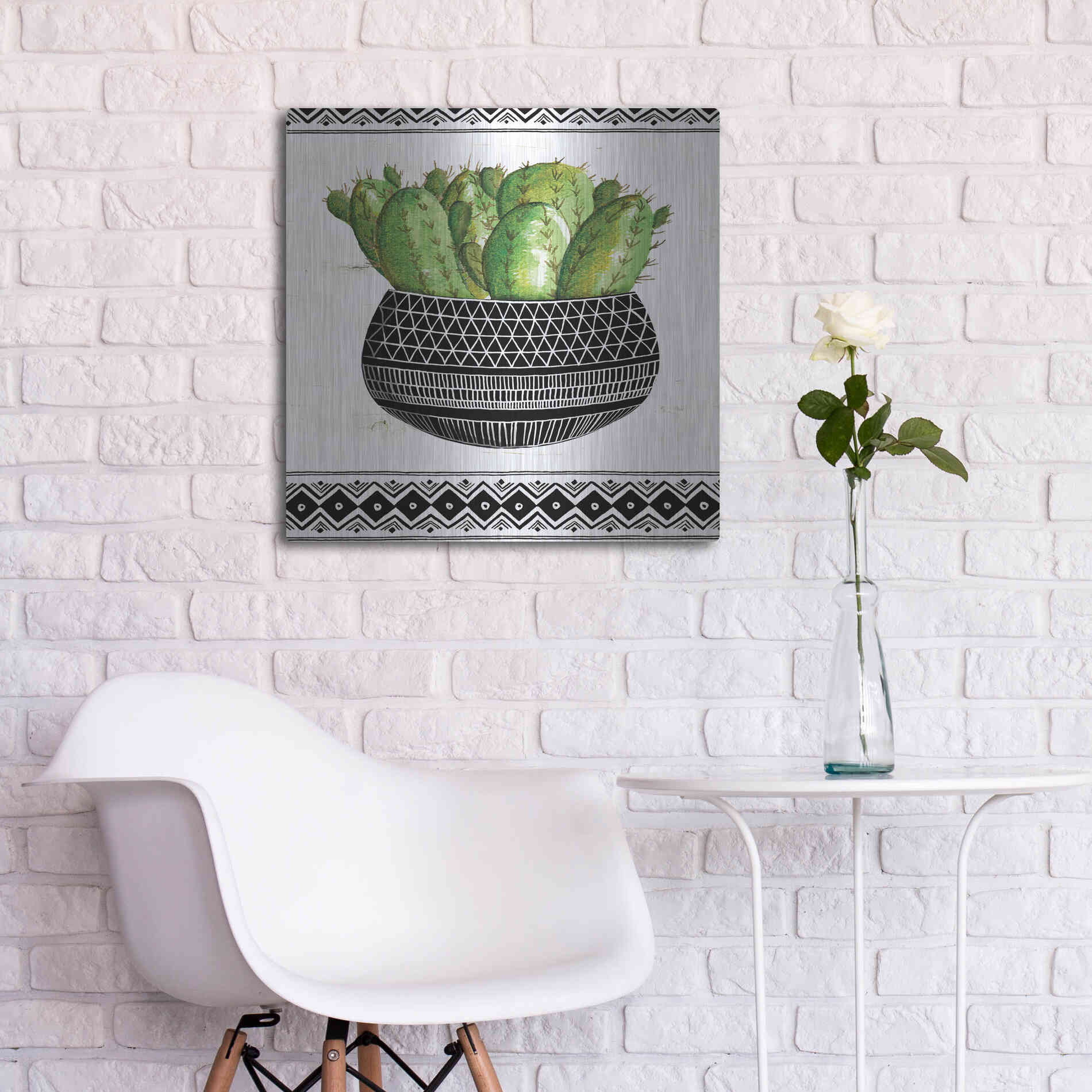 Luxe Metal Art 'Mud Cloth Black and White Succulent I' by Cindy Jacobs, Metal Wall Art,24x24