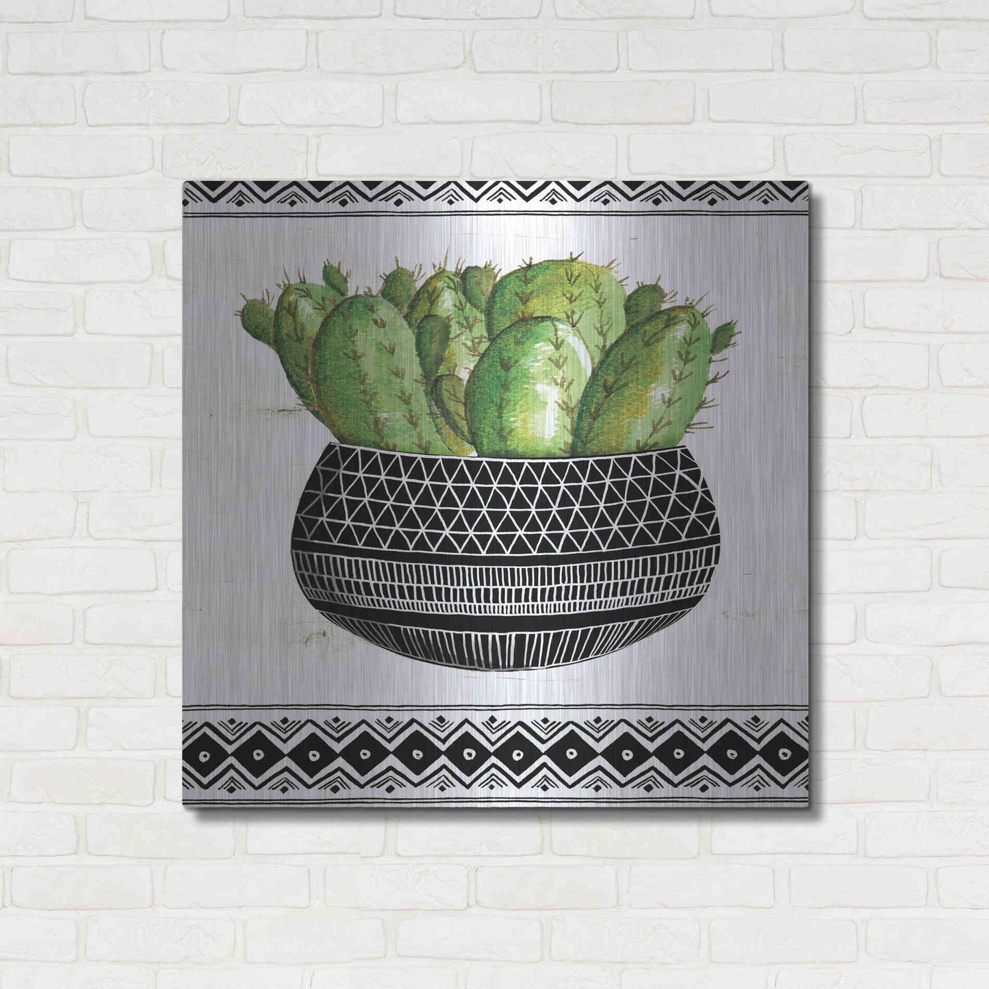 Luxe Metal Art 'Mud Cloth Black and White Succulent I' by Cindy Jacobs, Metal Wall Art,36x36