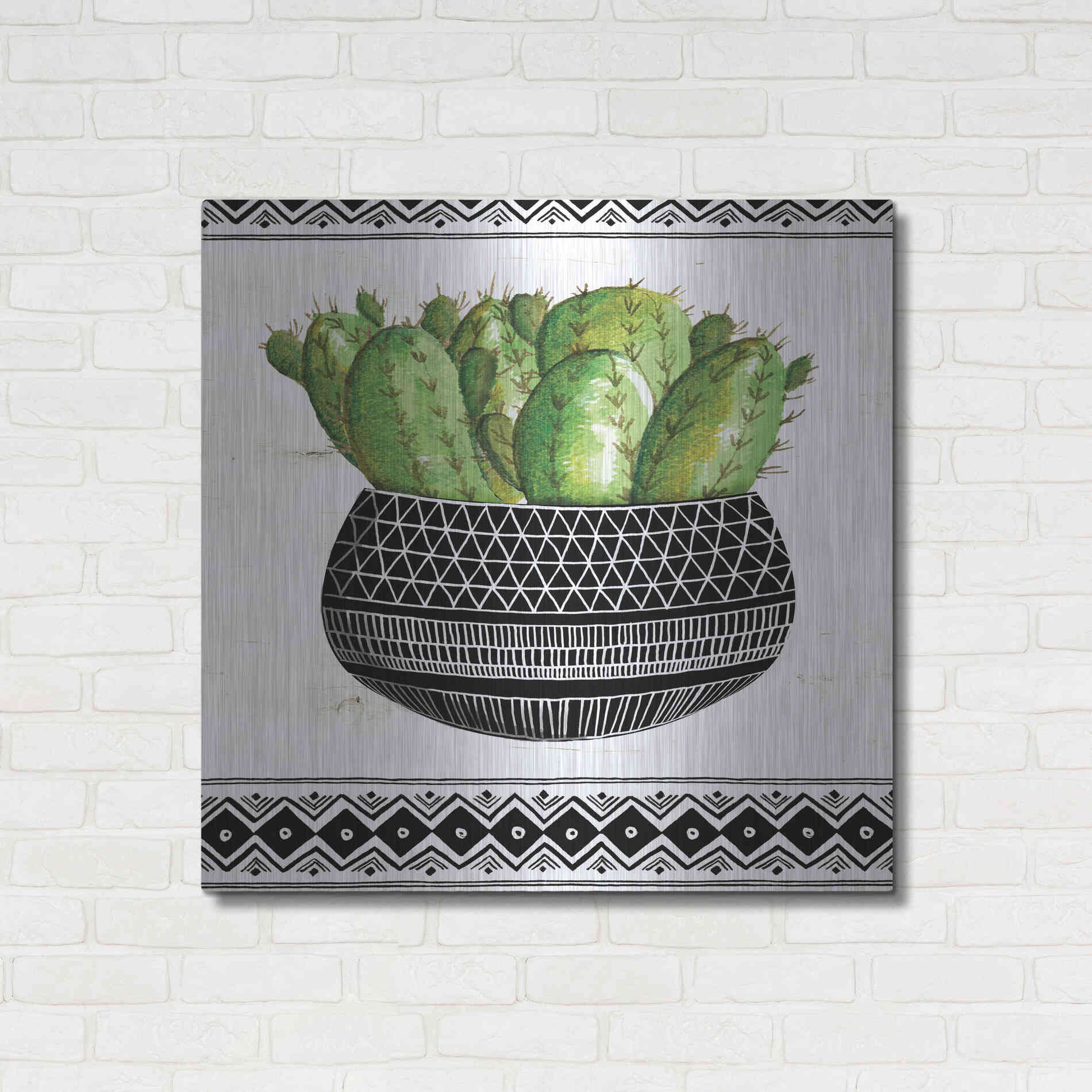 Luxe Metal Art 'Mud Cloth Black and White Succulent I' by Cindy Jacobs, Metal Wall Art,36x36