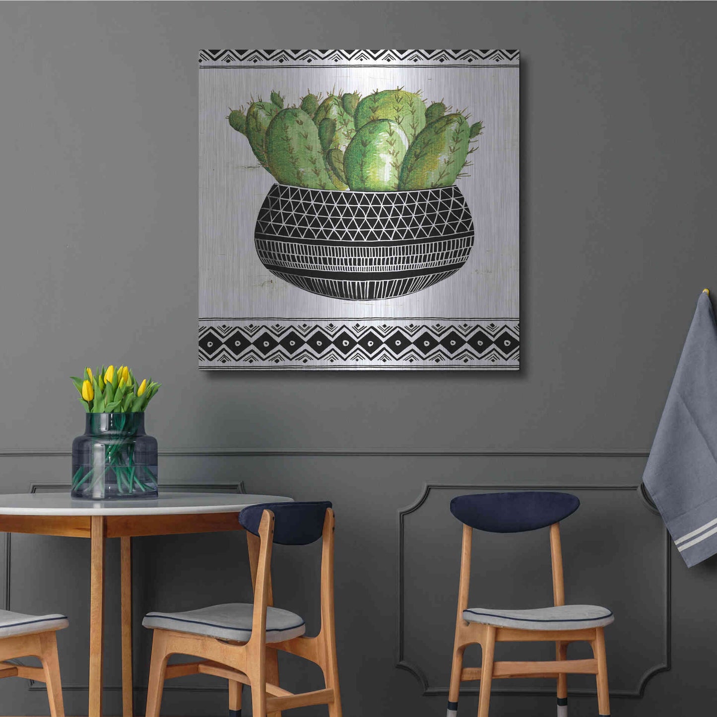 Luxe Metal Art 'Mud Cloth Black and White Succulent I' by Cindy Jacobs, Metal Wall Art,36x36