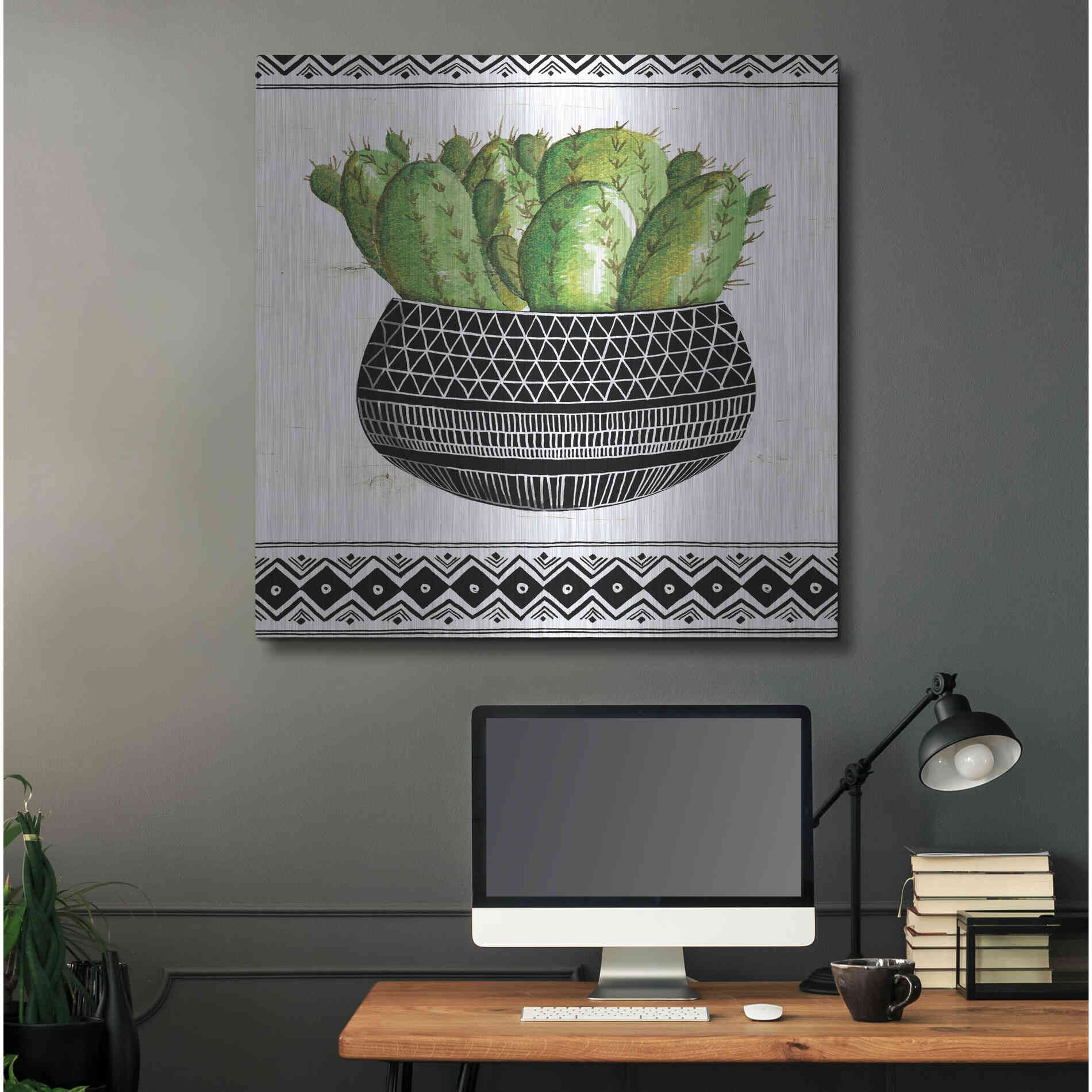 Luxe Metal Art 'Mud Cloth Black and White Succulent I' by Cindy Jacobs, Metal Wall Art,36x36
