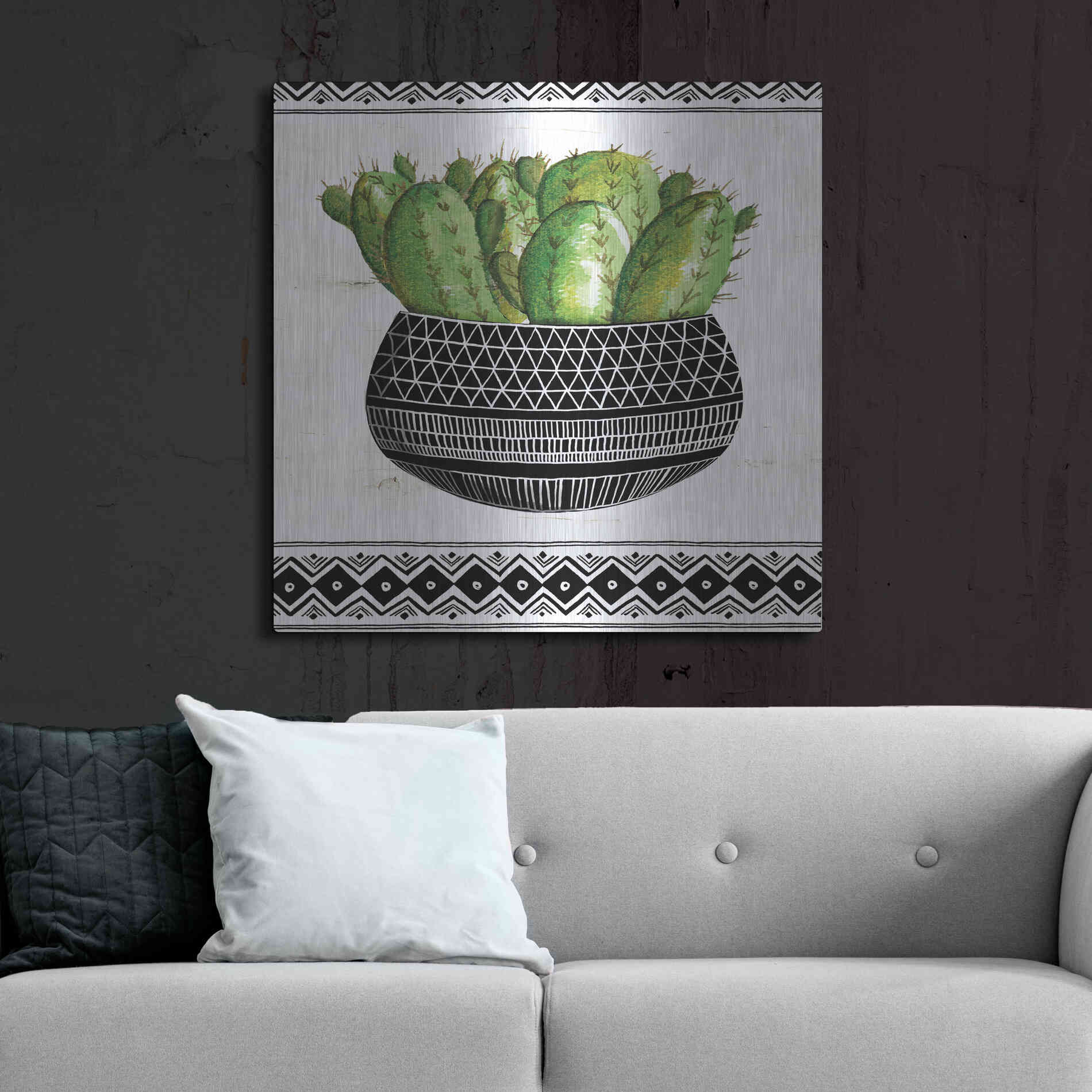 Luxe Metal Art 'Mud Cloth Black and White Succulent I' by Cindy Jacobs, Metal Wall Art,36x36
