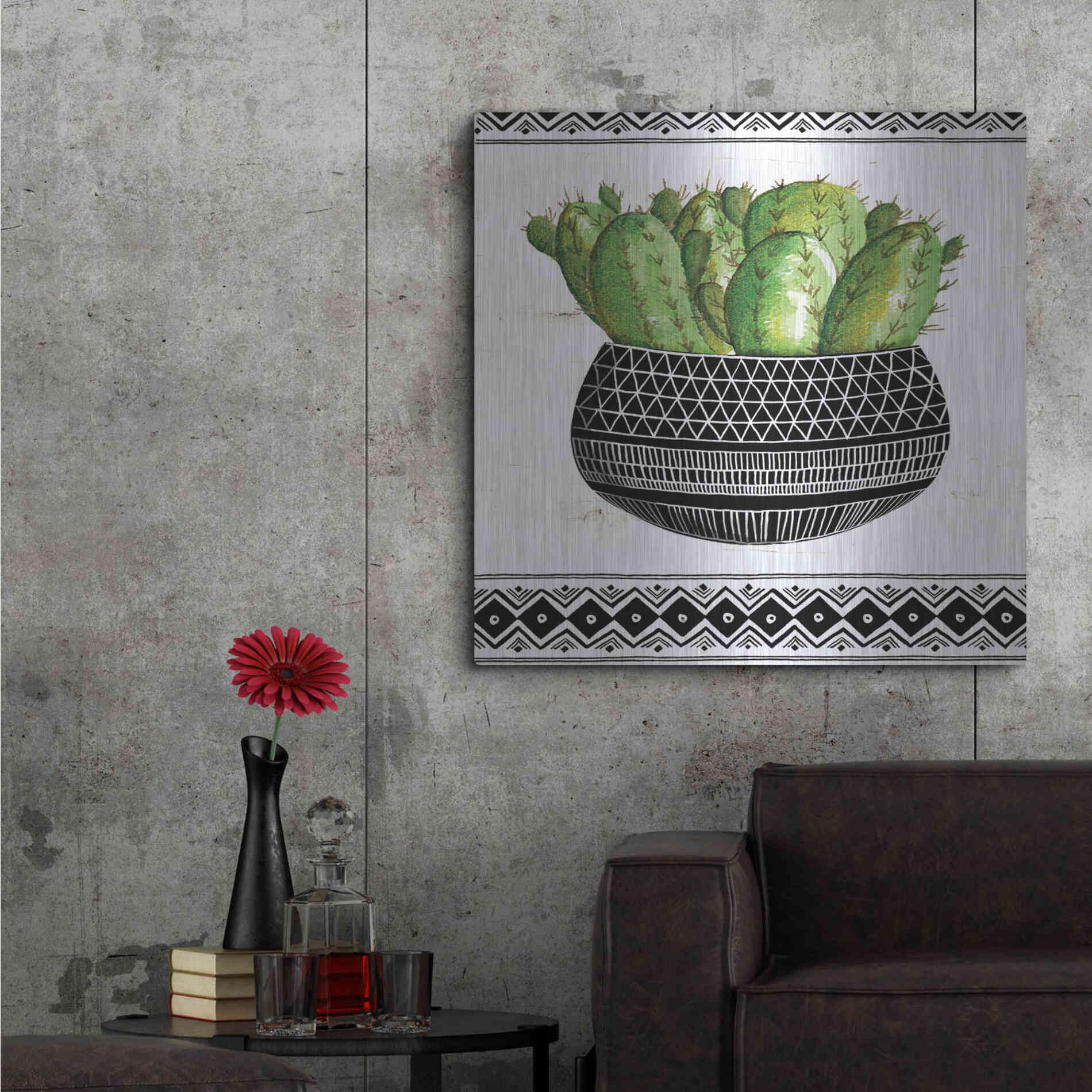 Luxe Metal Art 'Mud Cloth Black and White Succulent I' by Cindy Jacobs, Metal Wall Art,36x36