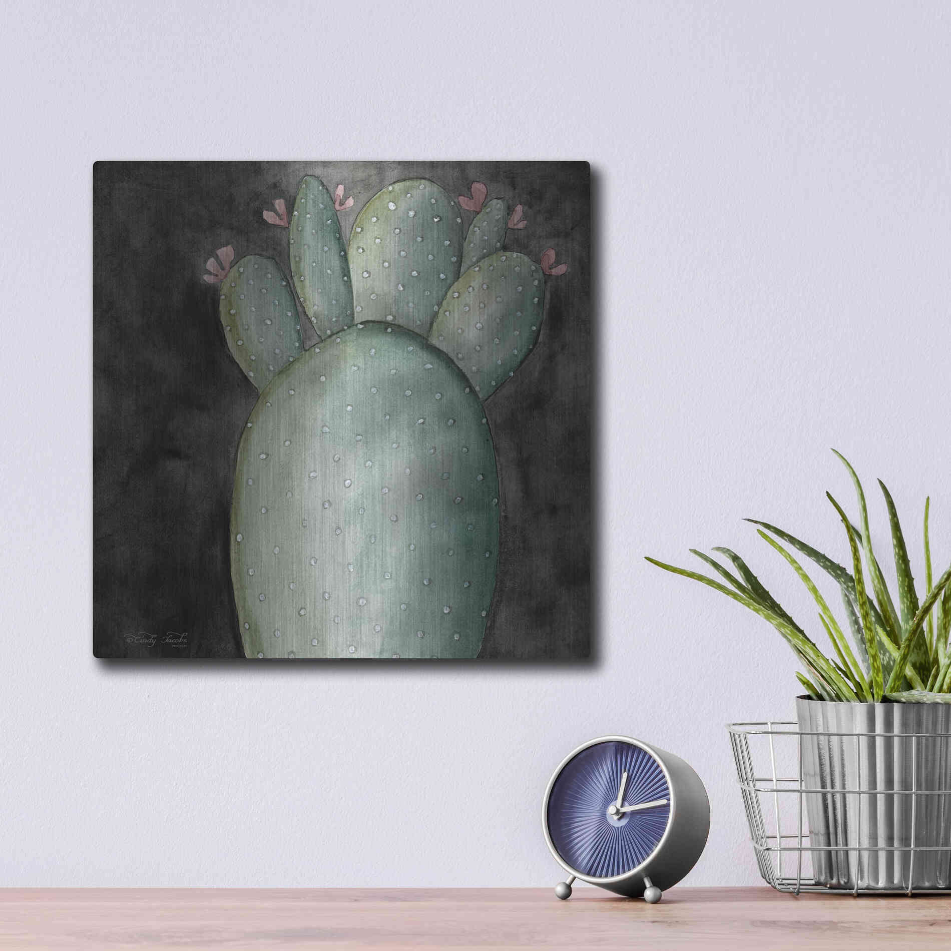 Luxe Metal Art 'Big Blooming Cactus I' by Cindy Jacobs, Metal Wall Art,12x12