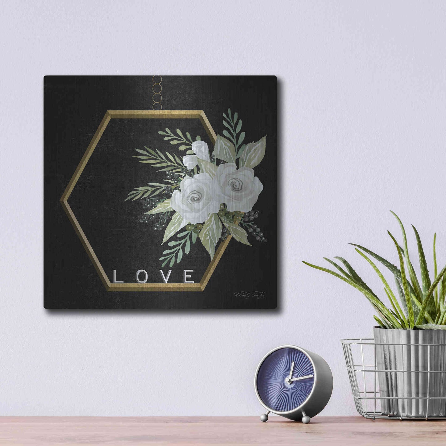 Luxe Metal Art 'Geometric Hexagon Muted Floral' by Cindy Jacobs, Metal Wall Art,12x12