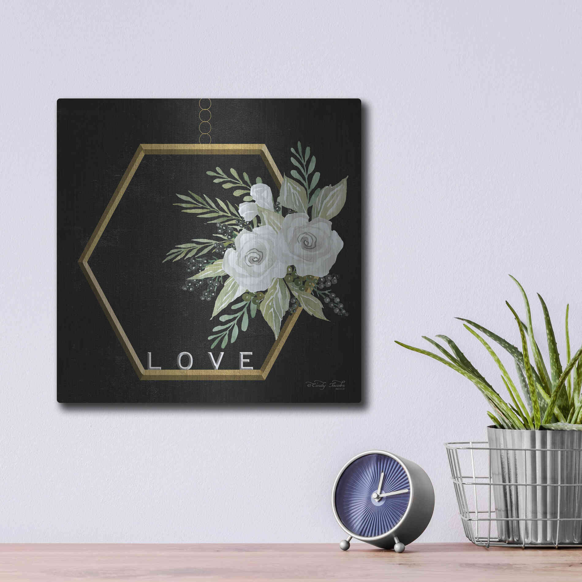 Luxe Metal Art 'Geometric Hexagon Muted Floral' by Cindy Jacobs, Metal Wall Art,12x12