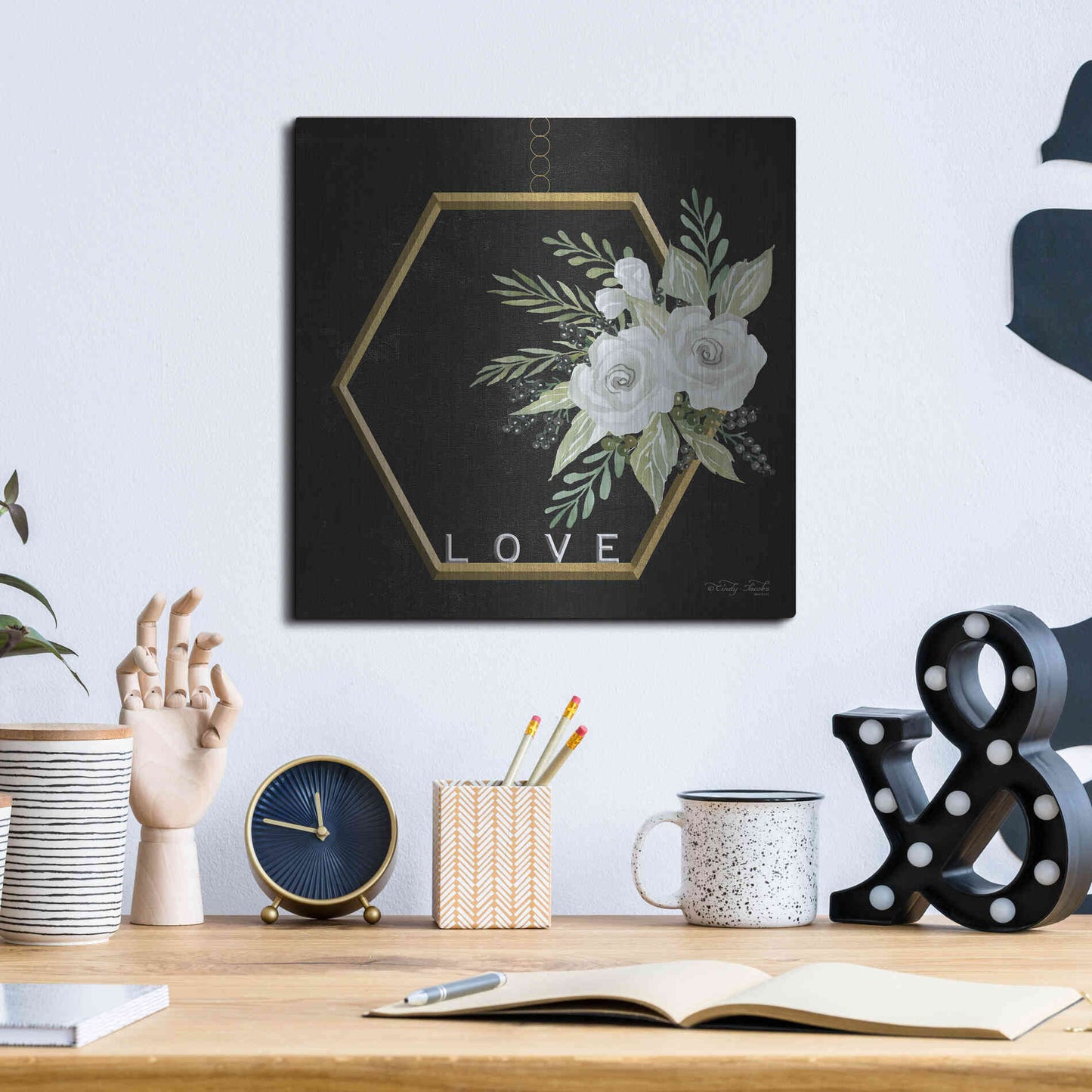 Luxe Metal Art 'Geometric Hexagon Muted Floral' by Cindy Jacobs, Metal Wall Art,12x12