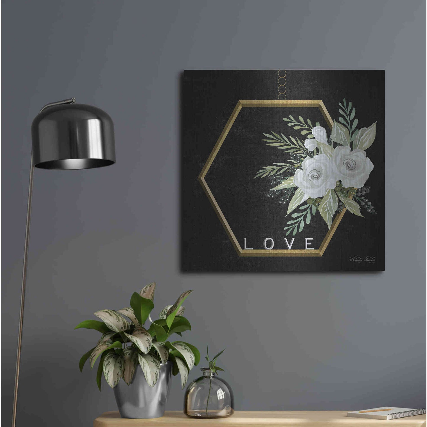 Luxe Metal Art 'Geometric Hexagon Muted Floral' by Cindy Jacobs, Metal Wall Art,24x24
