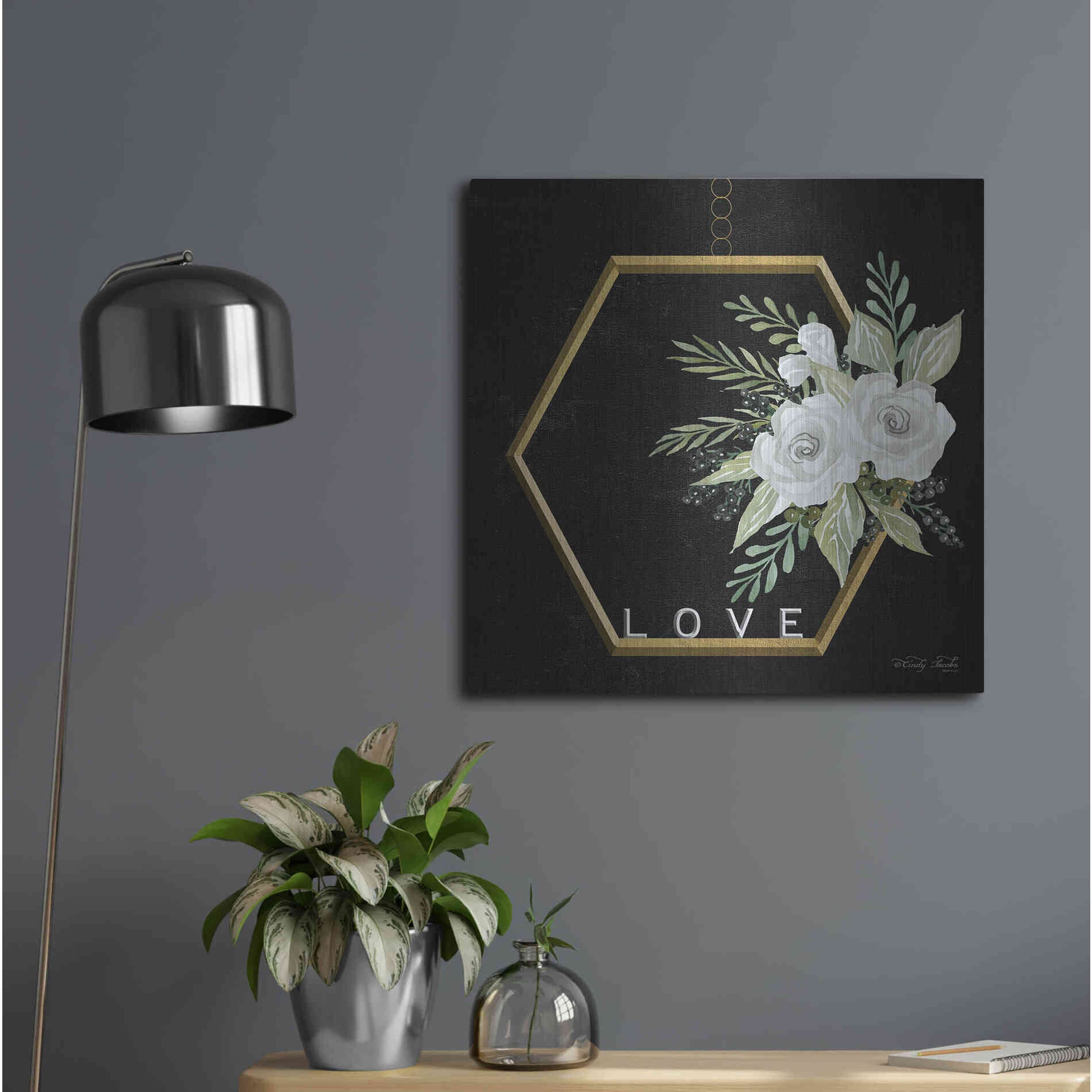 Luxe Metal Art 'Geometric Hexagon Muted Floral' by Cindy Jacobs, Metal Wall Art,24x24