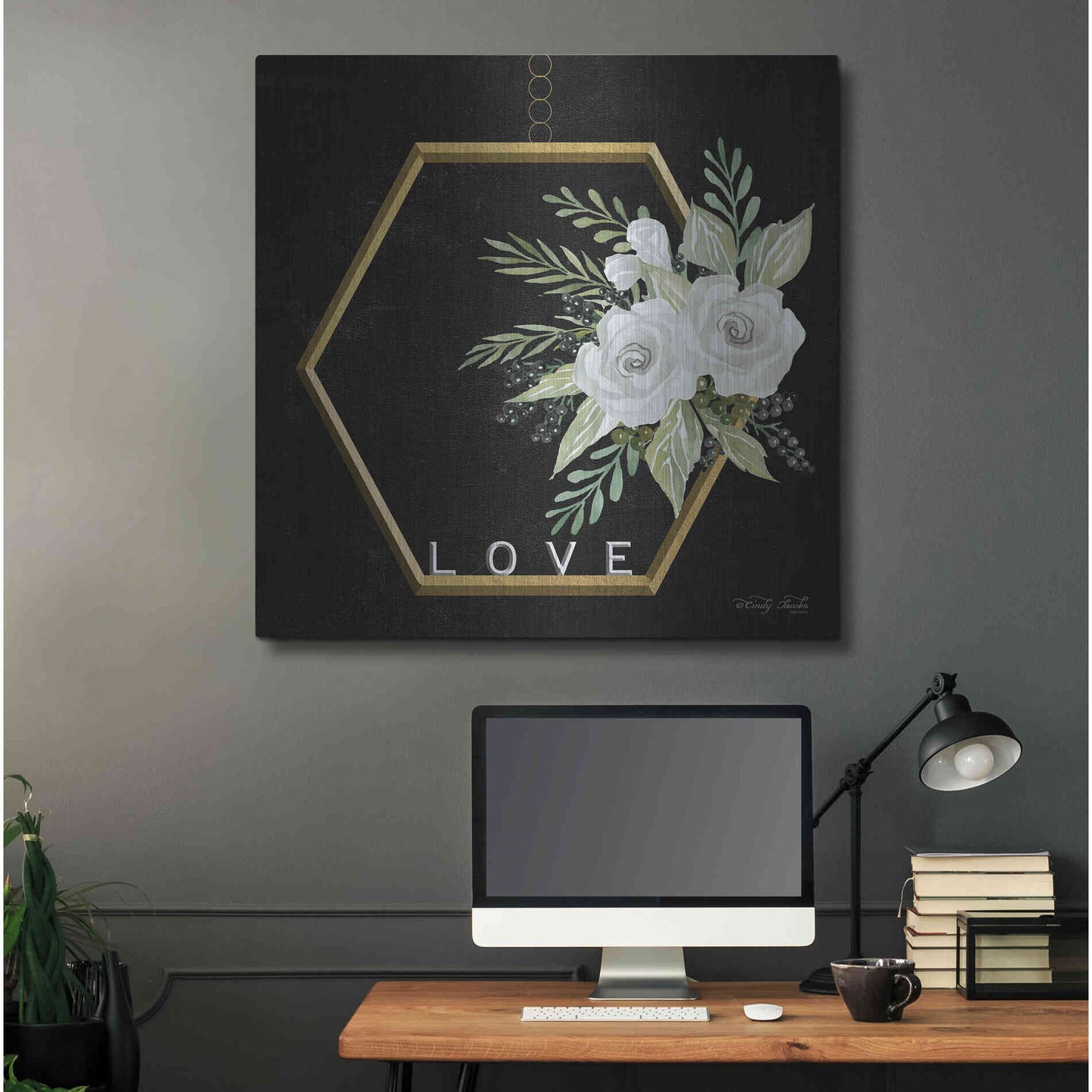 Luxe Metal Art 'Geometric Hexagon Muted Floral' by Cindy Jacobs, Metal Wall Art,36x36