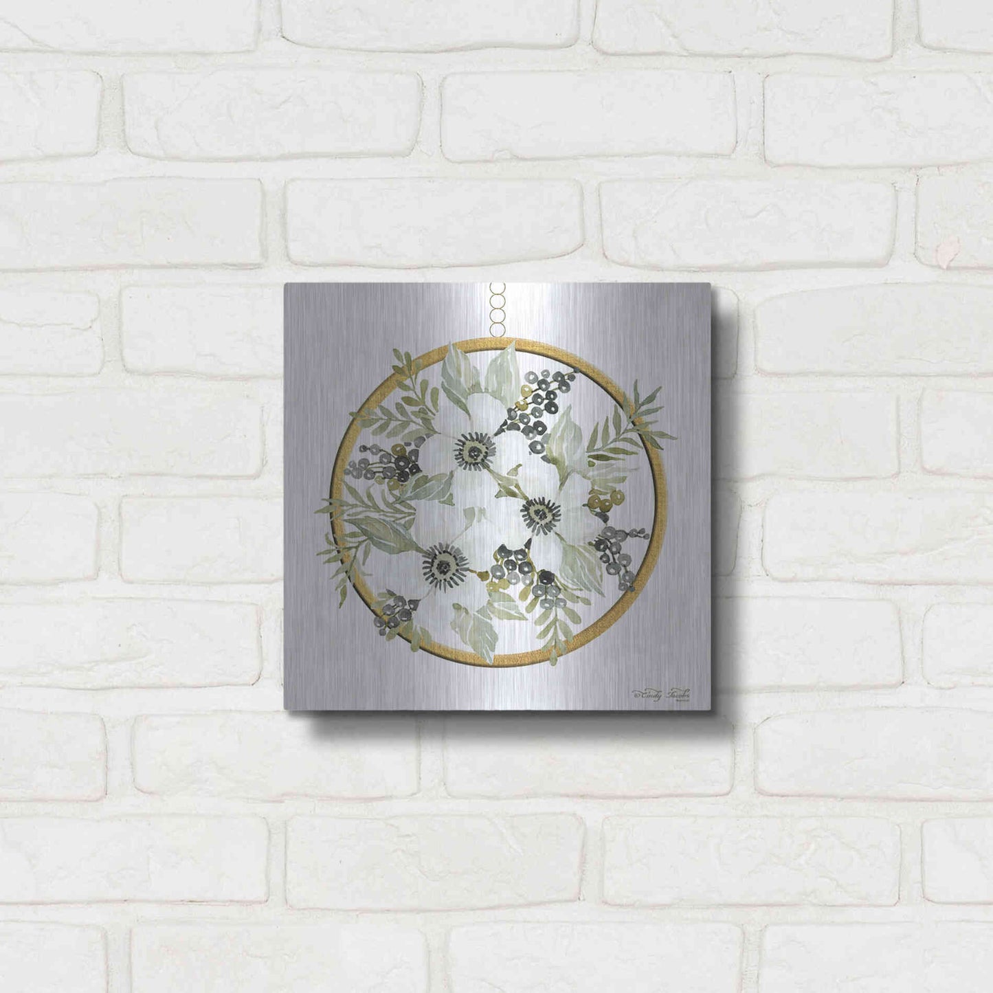 Luxe Metal Art 'Geometric Circle Muted Floral' by Cindy Jacobs, Metal Wall Art,12x12