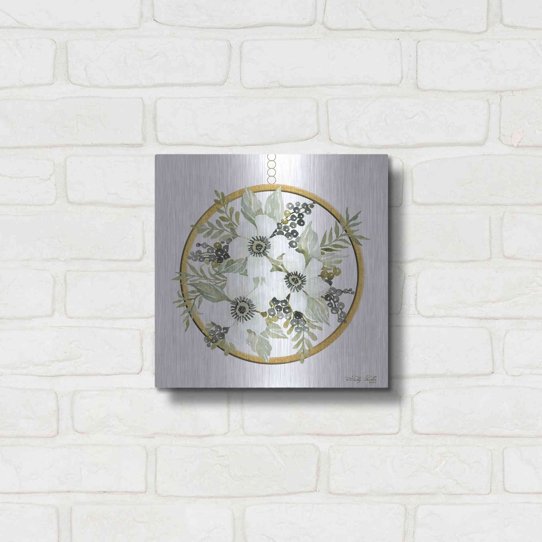 Luxe Metal Art 'Geometric Circle Muted Floral' by Cindy Jacobs, Metal Wall Art,12x12
