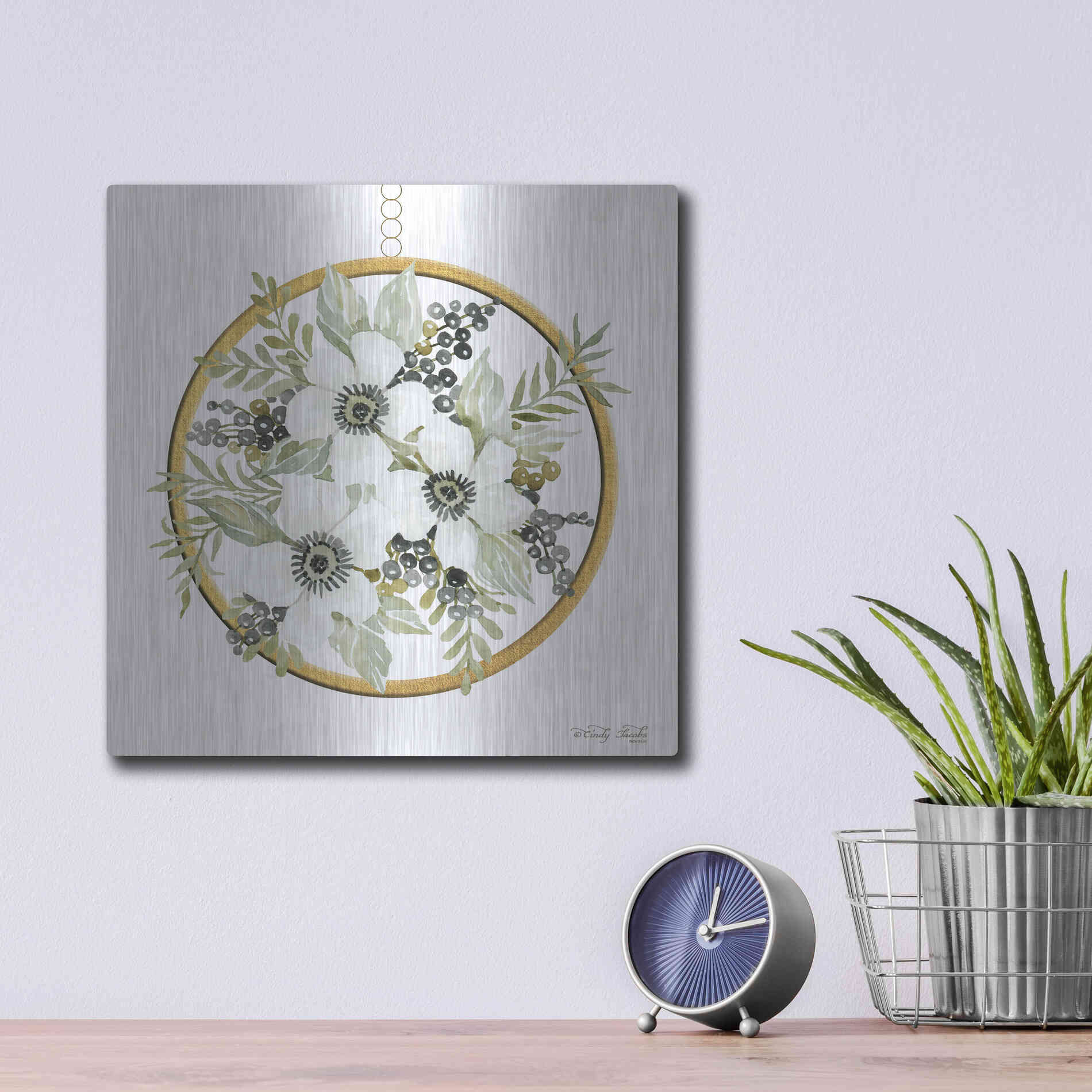 Luxe Metal Art 'Geometric Circle Muted Floral' by Cindy Jacobs, Metal Wall Art,12x12