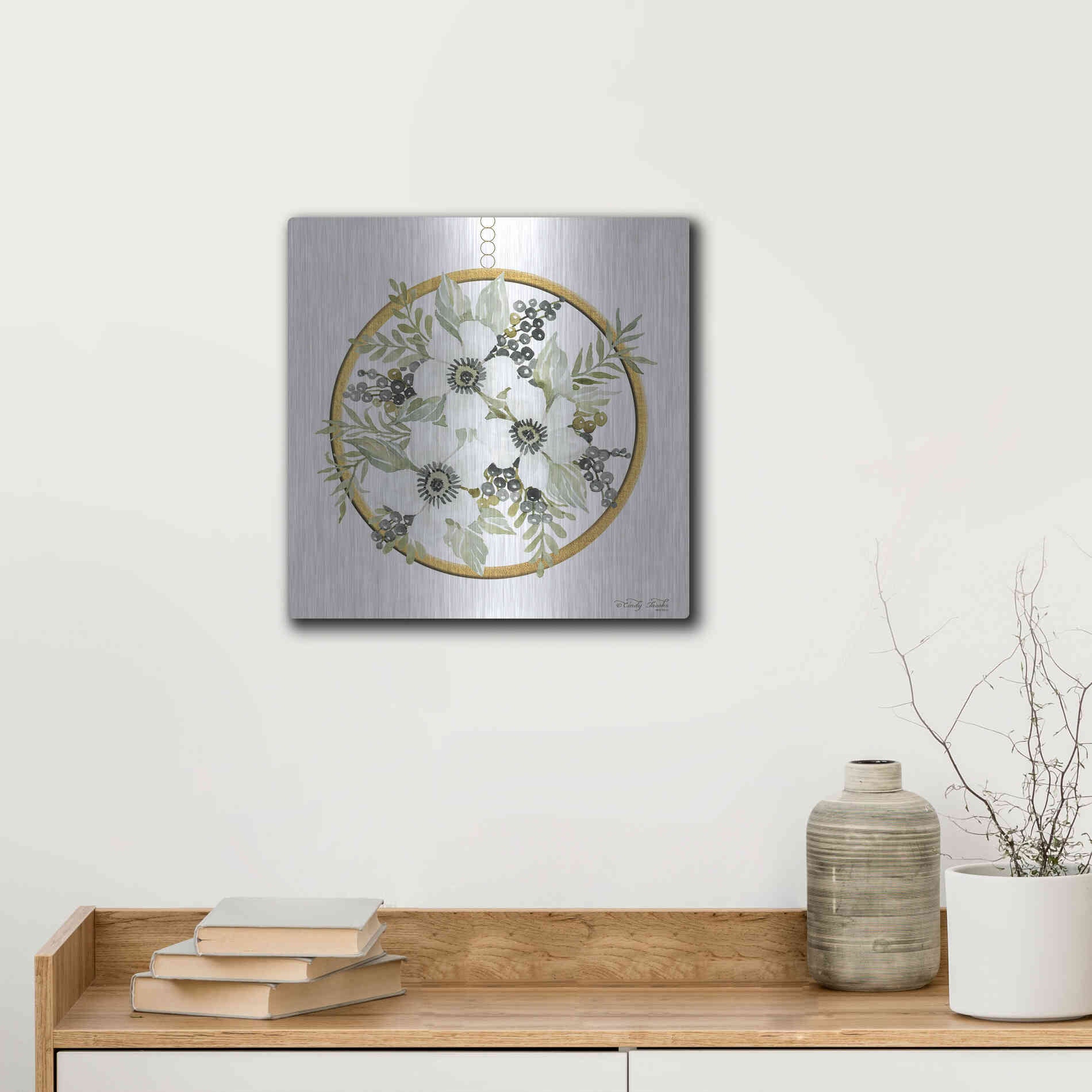 Luxe Metal Art 'Geometric Circle Muted Floral' by Cindy Jacobs, Metal Wall Art,12x12
