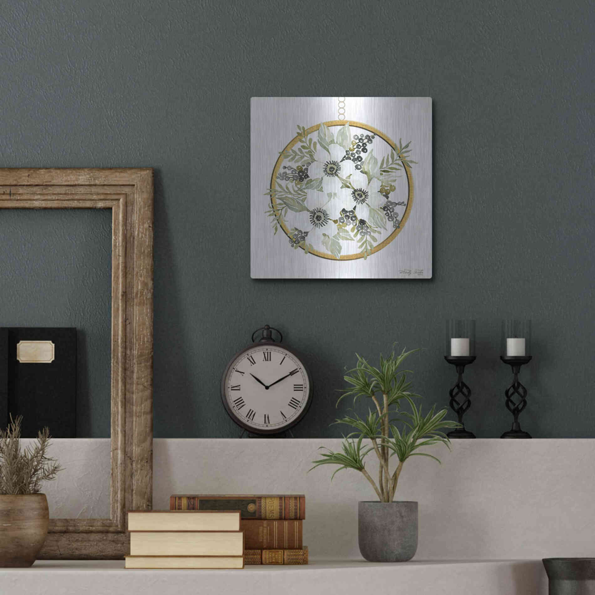 Luxe Metal Art 'Geometric Circle Muted Floral' by Cindy Jacobs, Metal Wall Art,12x12