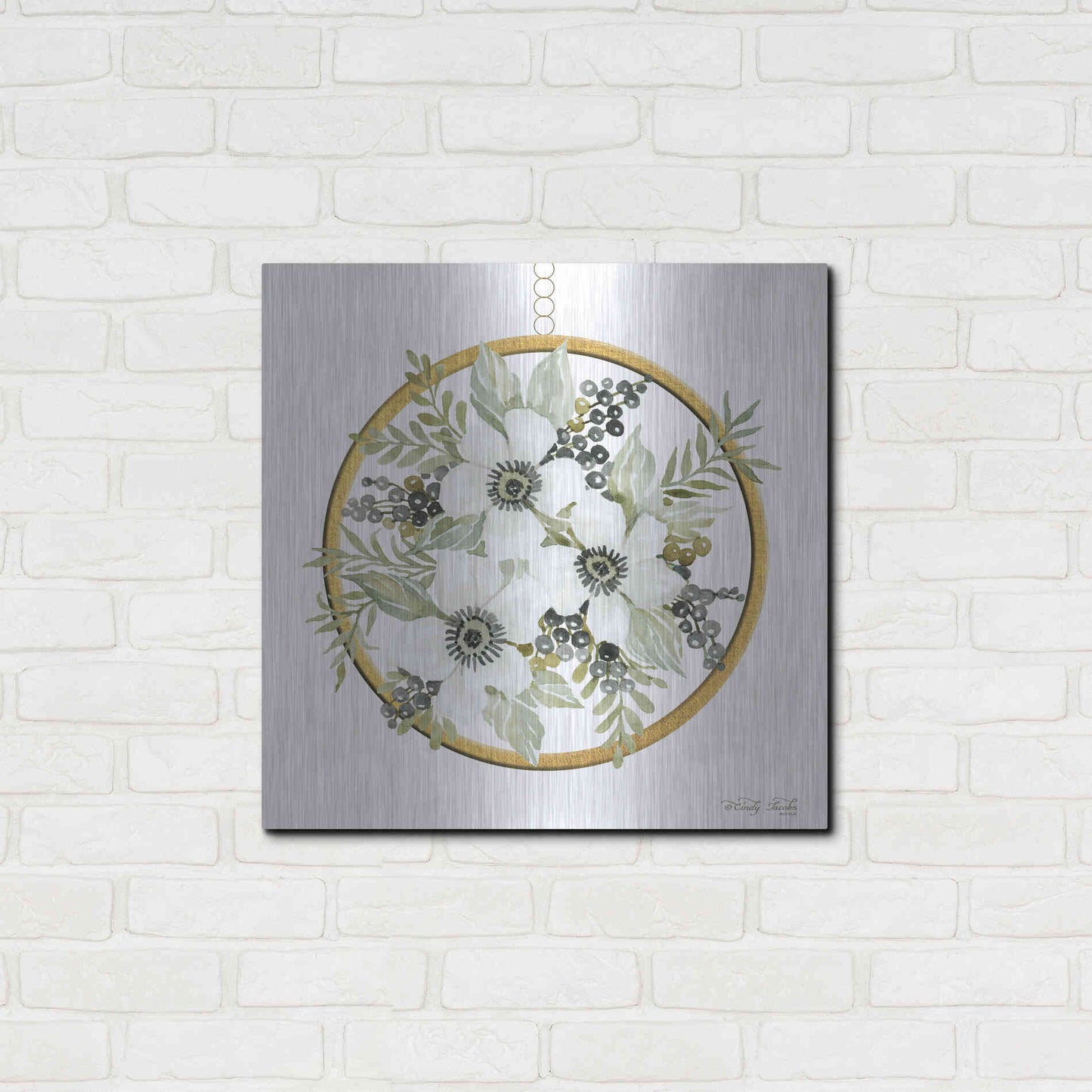 Luxe Metal Art 'Geometric Circle Muted Floral' by Cindy Jacobs, Metal Wall Art,24x24