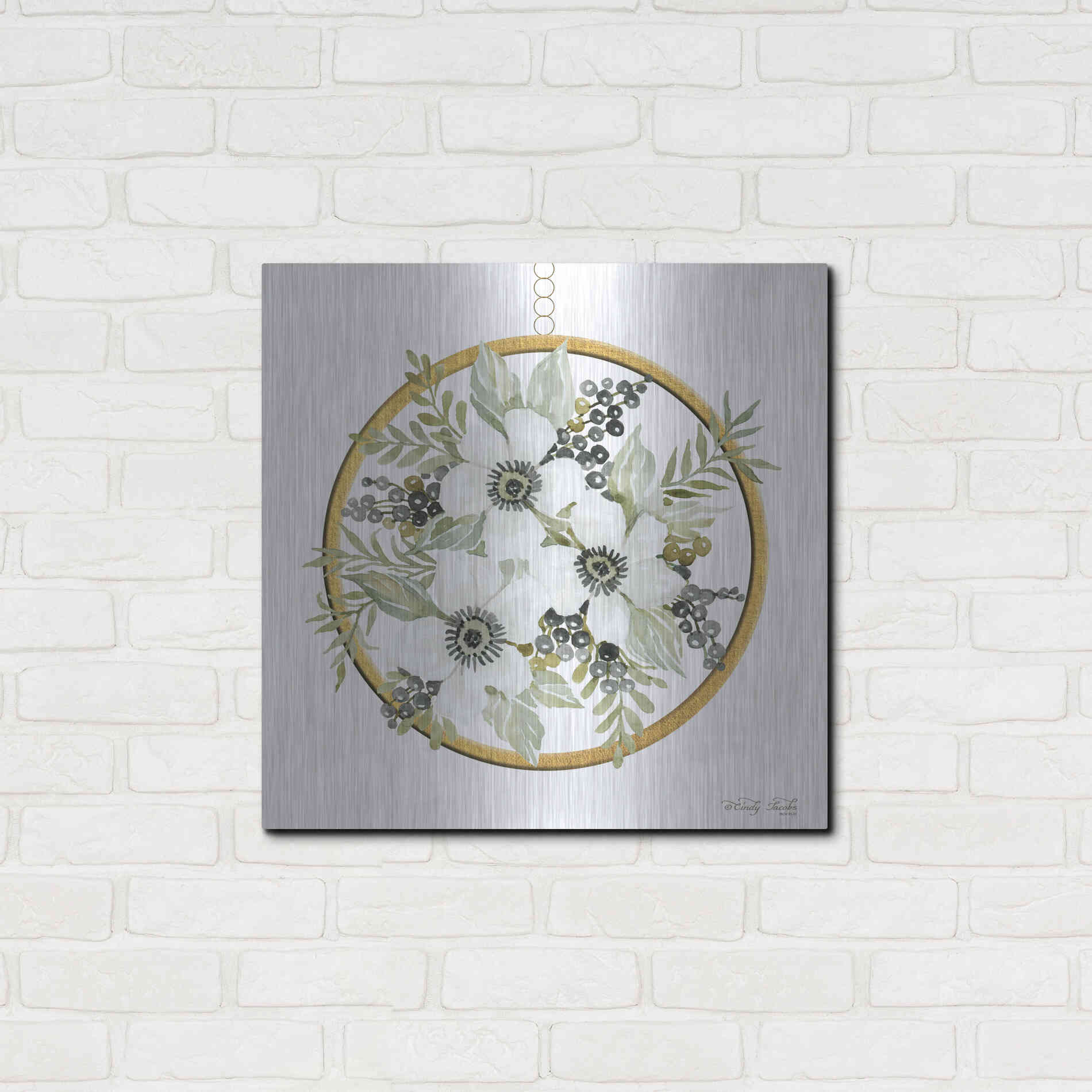 Luxe Metal Art 'Geometric Circle Muted Floral' by Cindy Jacobs, Metal Wall Art,24x24